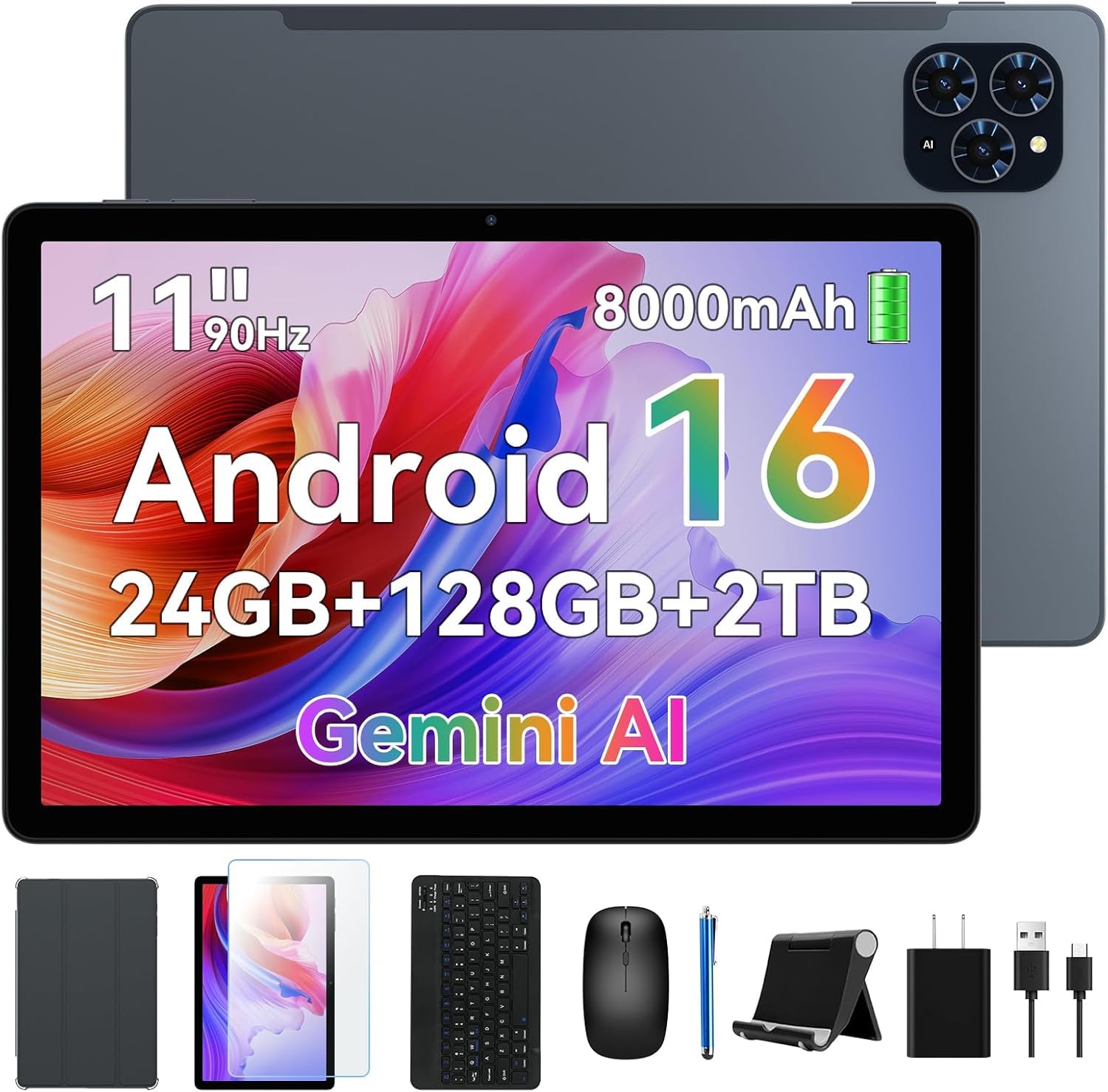 KINGRID T90 New Android 16 Tablet with Keyboard, 24GB RAM + 128GB