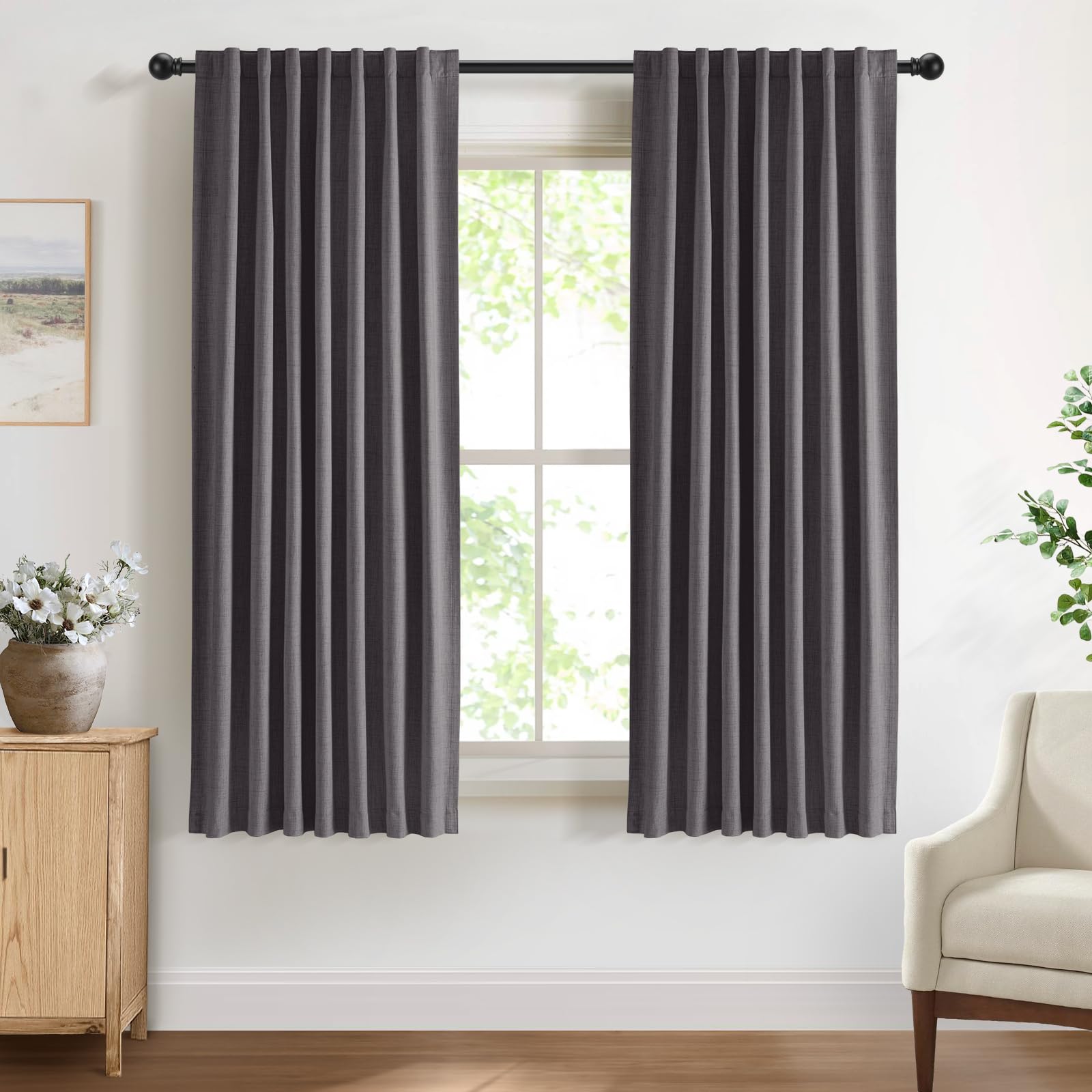 DEFYNEE 100% Blackout Curtains for Bedroom, 50 x 63 Inch Drop, Back Tab/Rod Pocket, Thermal Insulated Curtains with Coating Back Layers, for Room Darkening Privacy Protection, 2 Panels, Dark Grey