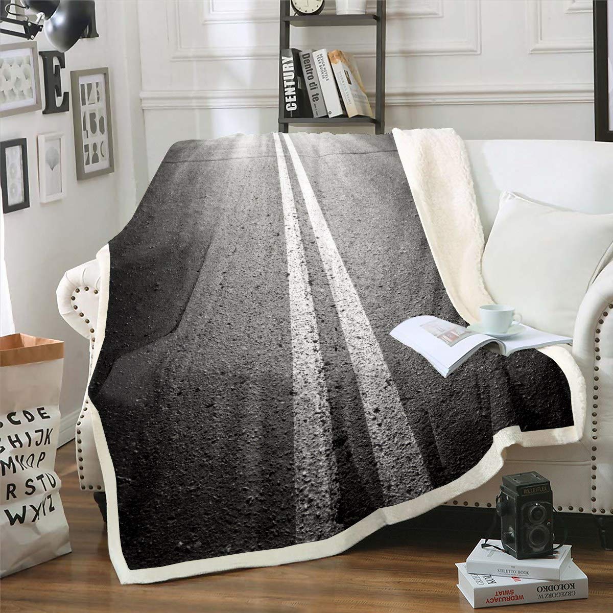 Loussiesd Road Blanket for Highway Pattern Sherpa Blanket Retro Style Fleece Throw Blanket Room Decor Modern Gray Design Plush Blanket Single 50"x60" Warm Fuzzy Blanket