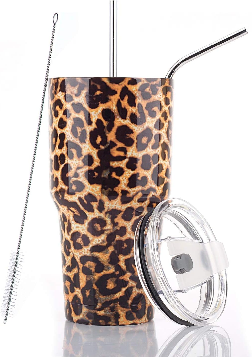 30oz Tumbler Double Wall Stainless Steel Vacuum Insulated Travel Mug with Splash-Proof Lid Metal Straw and Brush (Leopard)