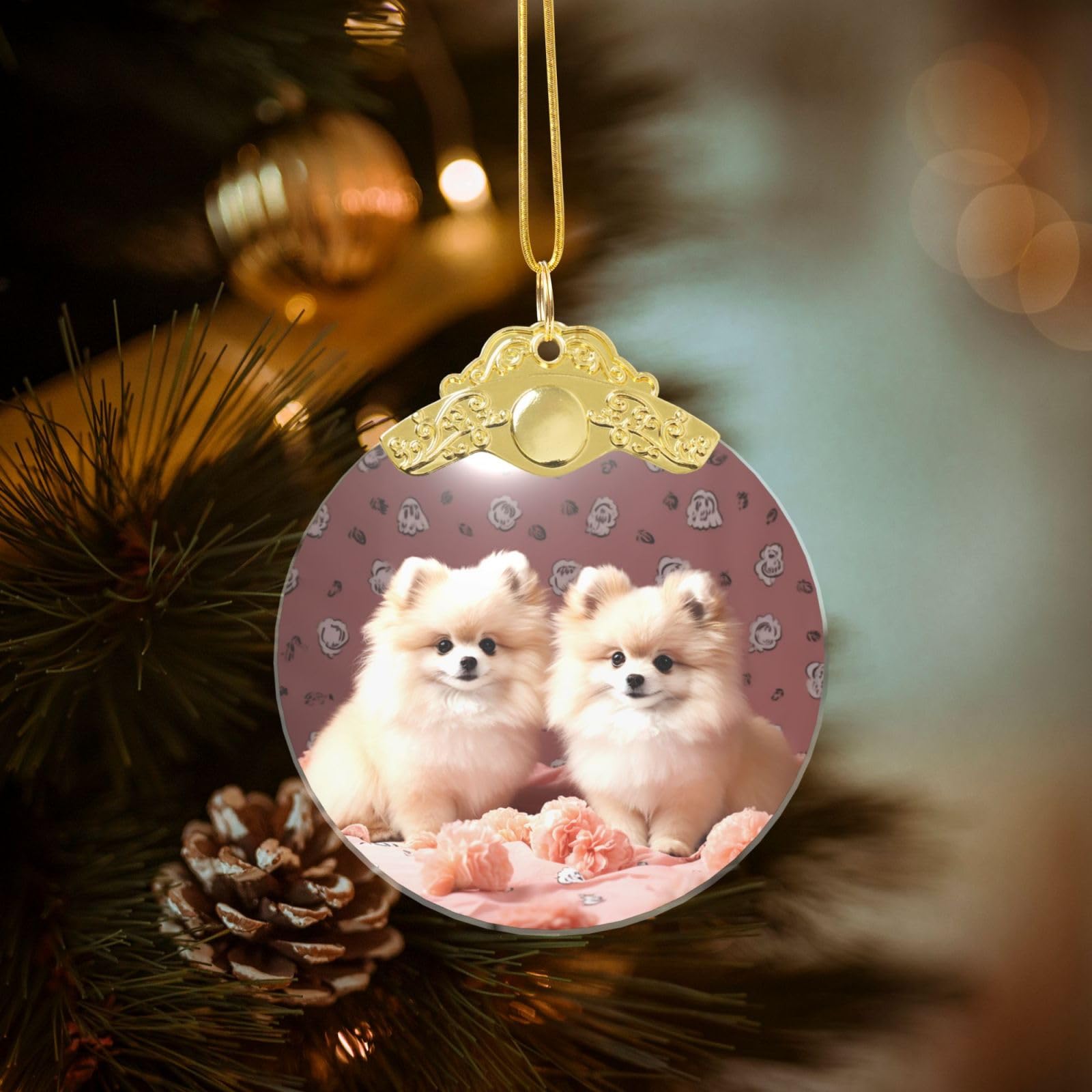 Crystal Christmas Ornaments for Christmas Tree Decoration Hanging Pomeranians Puppies and Point Ornament with Gold Ribbon Crafts Round Pendant for Keepsake Gifts Glass Xmas Decor Party Supplies