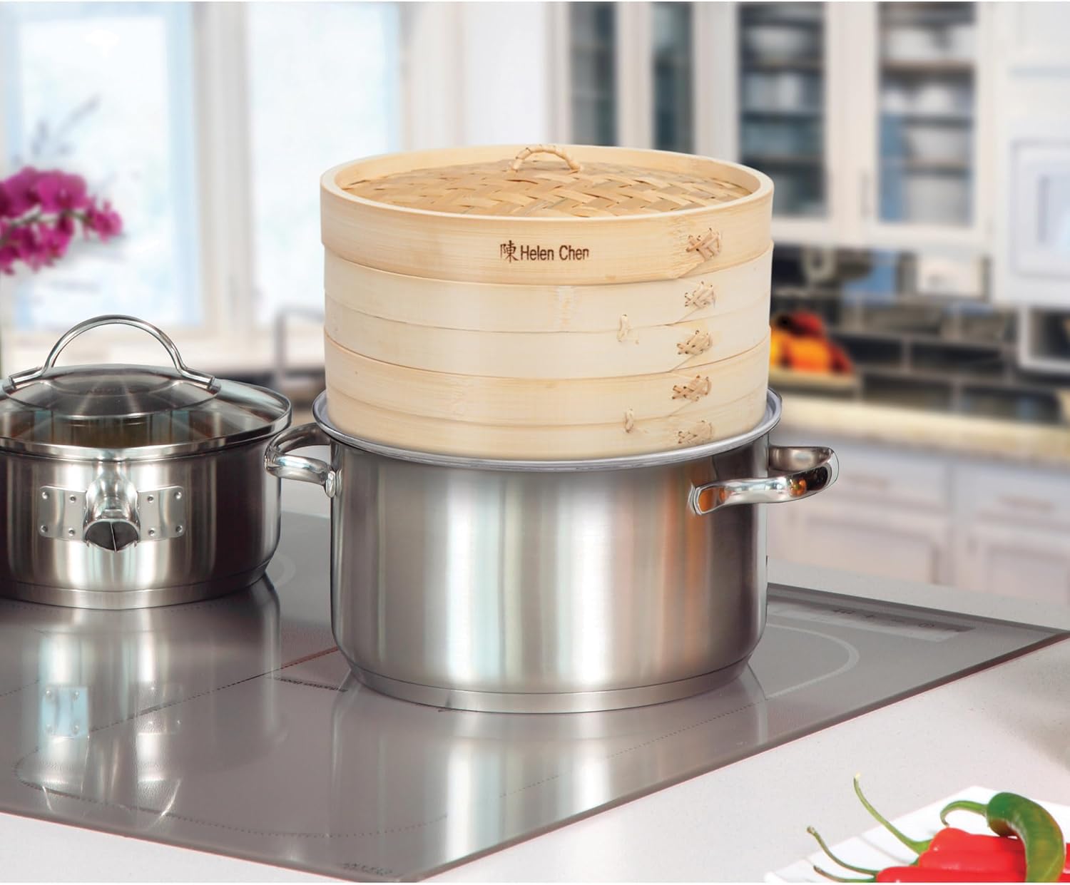 Helen's Asian Kitchen Bamboo Food Steamer with Lid - 100% Natural Bamboo - Basket Steamers for Cooking Dumplings, Dim Sum, Veggies, Fish, Meat - Preserve Nutrients & Flavors - 10-Inch