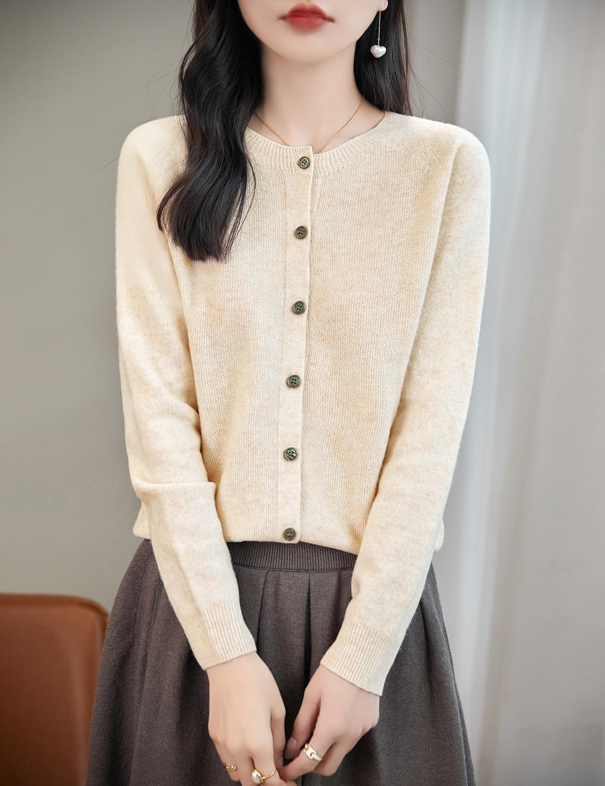 Chanyarn Cardigan Girocollo da Donna 100% Lana Merino Primavera Maniche Lunghe Senza Cuciture Maglia Cardigan Maglione