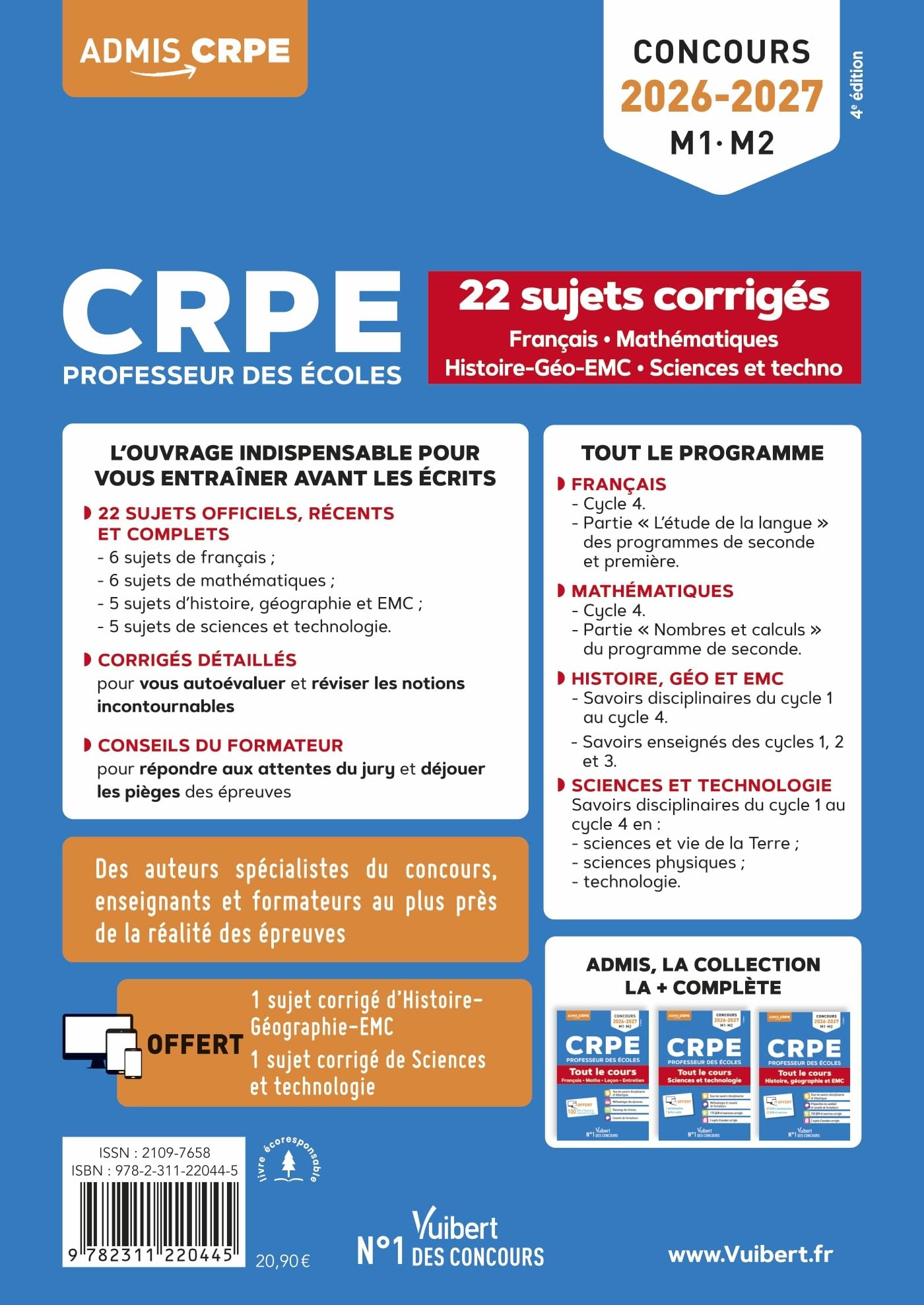CRPE 2026-2027 (M1. M2) - Français, Mathématiques, Histoire-Géo-EMC, Sciences et techno - 22 sujets corrigés: Annales 2025 incluses