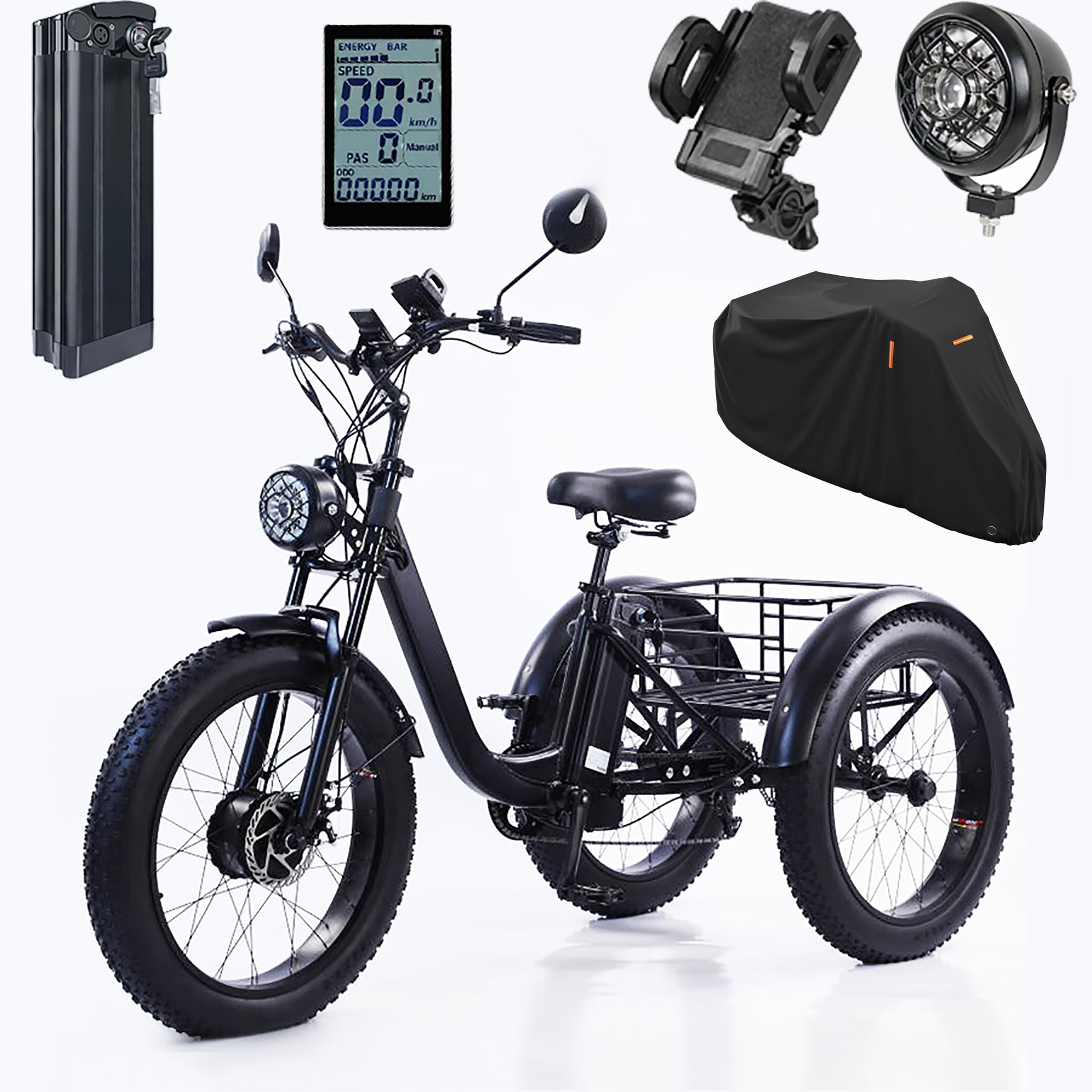 Triciclo Elettrico per Adulti 24 Inch 7 Marce Ruote Larghe 3 Ruote E Trike con Cesto Posteriore Grande Autonomia Bici Anziani Uomo Donna Copertura Pioggia Polvere Black