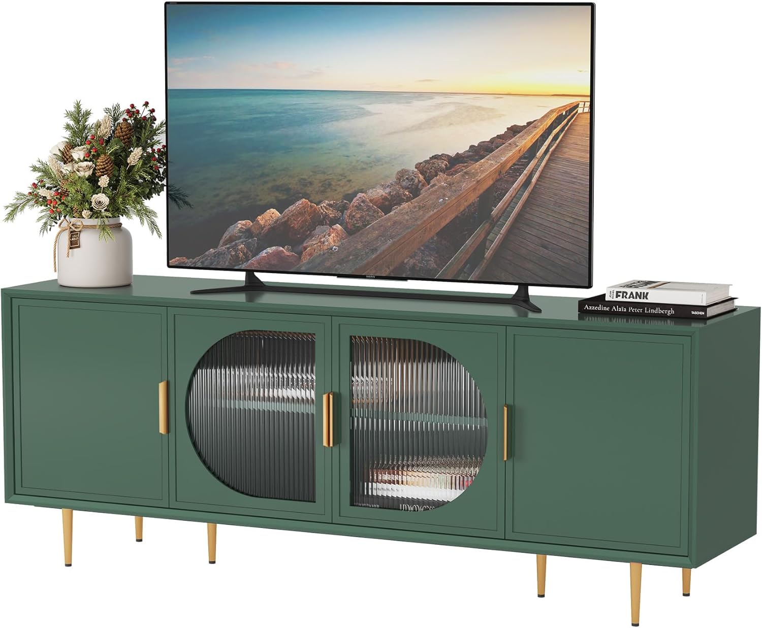 ARTPOWER TV Stand with Storage, 66" Modern TV Entertainment Center for TVs up to 75 Inch, Under TV Cabinet with Glass Door, TV Console Media Center for Living Room, Bedroom Green