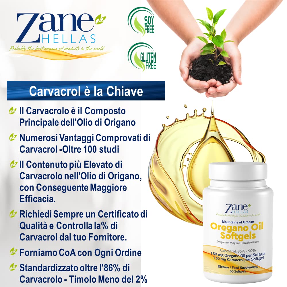 Zane Hellas Oregano Oil Softgels. La più alta concentrazione del mondo. Ogni Softgel Contiene 30% di Olio Essenziale Greco Puro di Origano. 130 mg di Carvacrolo per Softgel. 60 softgels.