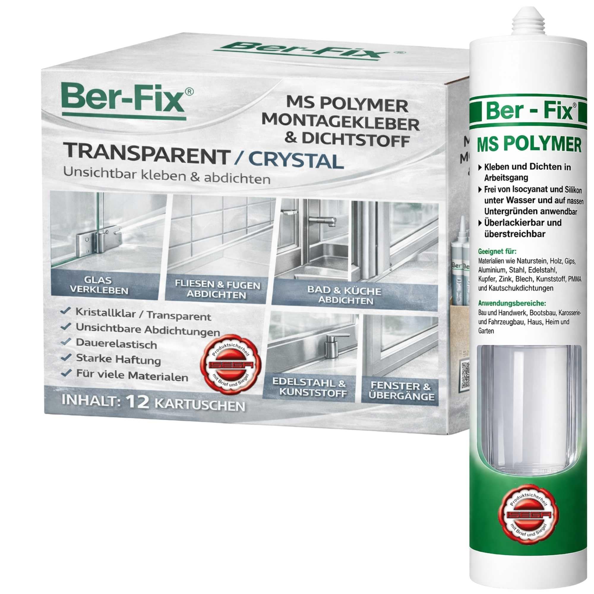 Ber-Fix® MS Polymer Transparent 12 x 290 ml – Profi-Pack Glaskleber & Dichtstoff