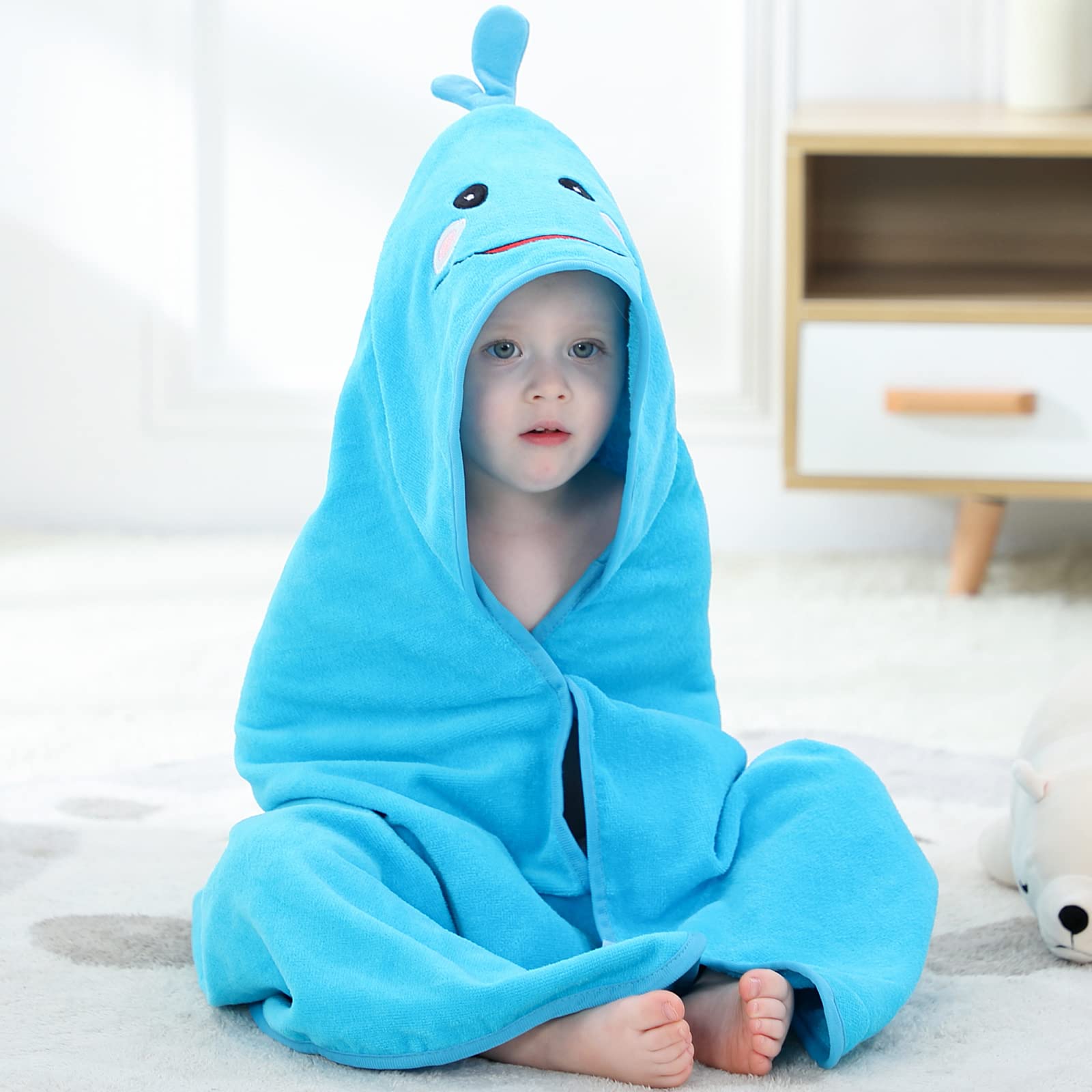 Unisexe Bébé Enfant en Bas âge Enfants Animal Capuche Coton Douche Plage Serviette de Bain Robe de Bain, 0-6 Years Old, 90x90cm, Bleu