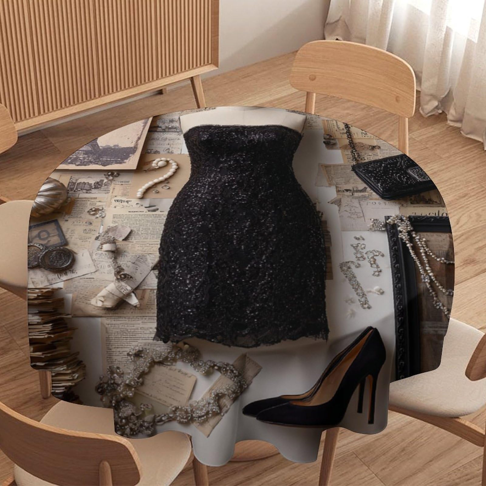 LUYYSKY Classic Romantic Black Dress Waterproof Round Tablecloth Modern Watercolor Makeup Themed Paris Style Eiffel Tower Washable Table Cover for Kitchen-177.8" Wx177.8 L cm