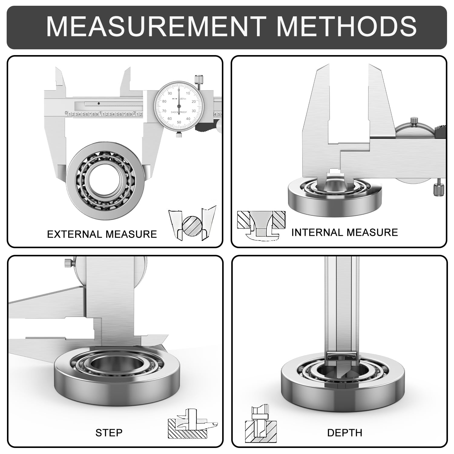 Juego, Micrómetro de Maquinista de 0-4", Juego de 4 Herramientas de Maquinista, Calibrador de Dial Resistente a los Golpes Calibrador de Dial de Precisión con Reloj Rango de 0-9".