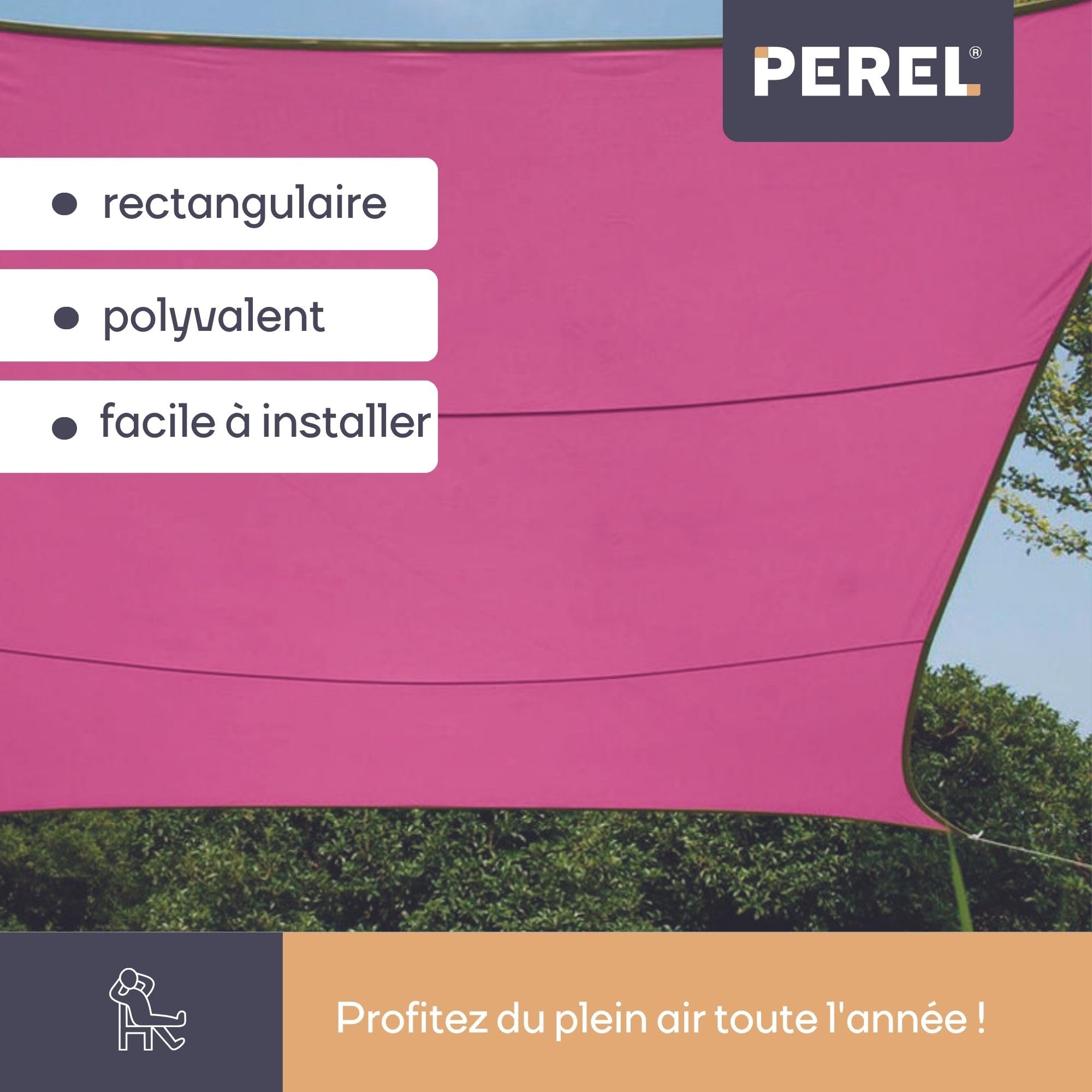 Perel Voile d'ombrage, Toile ombrage, Toile extérieure terrasse, imperméable, Protection Contre UV, 4 Anneaux en O en Acier Inoxydable, 2 x 3 m, 160 g/m², Polyester, rectangulaire, Fuchsia