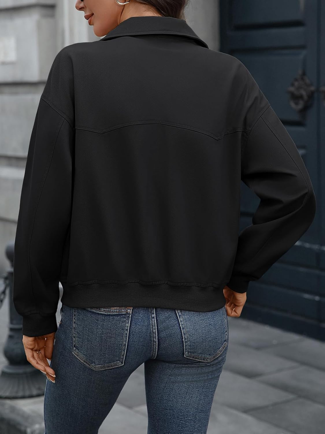 Women's Crop Zip Up Bomber Jacket Long Sleeve Collar Ribbed Hem Oversize Casual Jackets Cotton Tencel Chest Pockets - Image 4