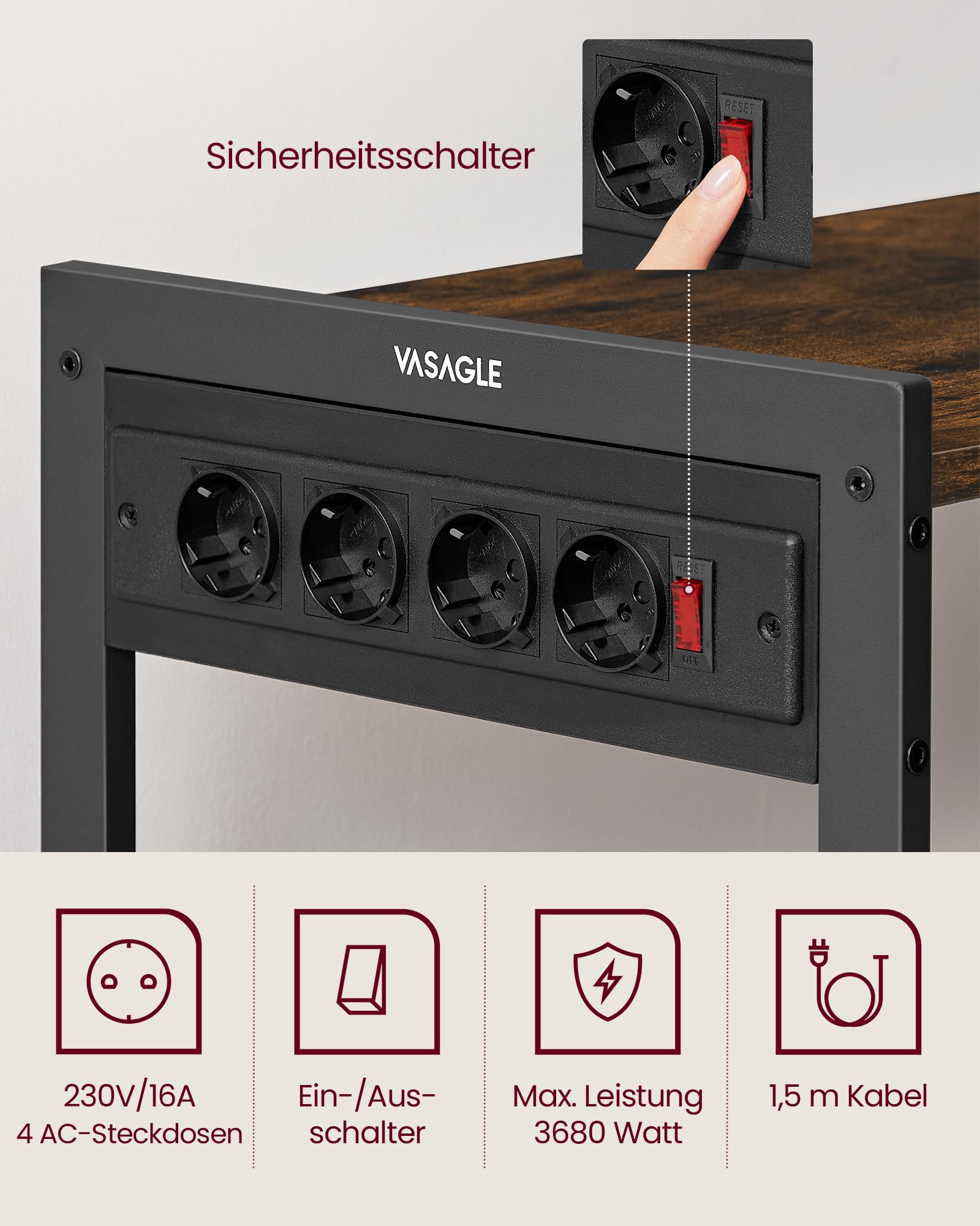 VASAGLE Küchenregal mit Steckdosen, Standregal mit 2 Metallkörben, Bäckerregal mit Haken, Regalablagen, 35 x 80 x 93,5 cm, Industrie-Design, vintagebraun-tintenschwarz KKS196K01