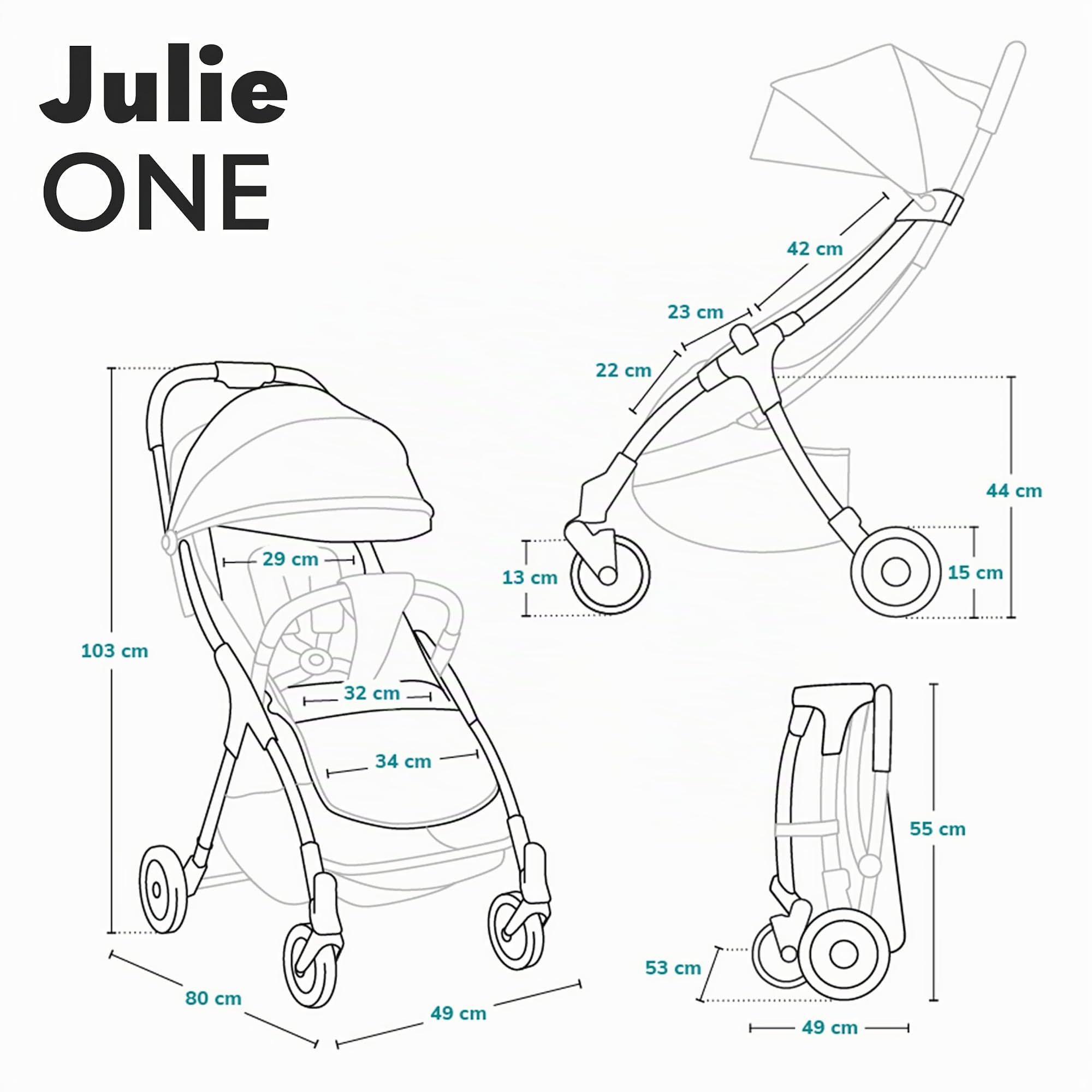 LIONELO Julie One Passeggino Leggero Pieghevole dalla Nascita a 22 kg | Schienale Reclinabile in Posizione Sdraiata, Poggiapiedi Regolabile, Zanzariera, Coprigambe, Portabibite e Borsa