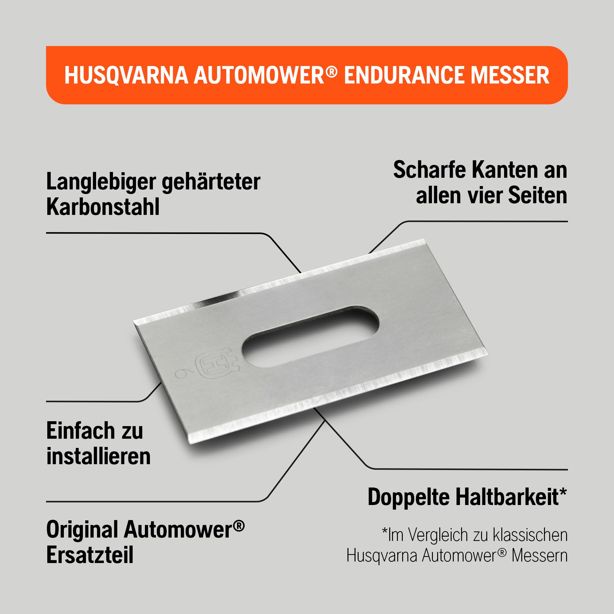 Husqvarna Automower Endurance Messer 45Stk – Premium 4-Kant Carbonstahl Ersatzmesser für Mähroboter, für langanhaltende Schärfe & Haltbarkeit sowie effiziente Rasenpflege.