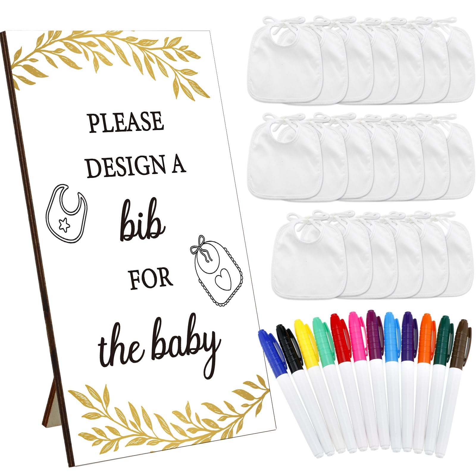 Panitay 43 Pcs Baby Shower Games White Bibs Design, Include Wooden Baby Shower Game Sign, 30 DIY Blank White Bibs, 12 Markers for Gender Reveal Party