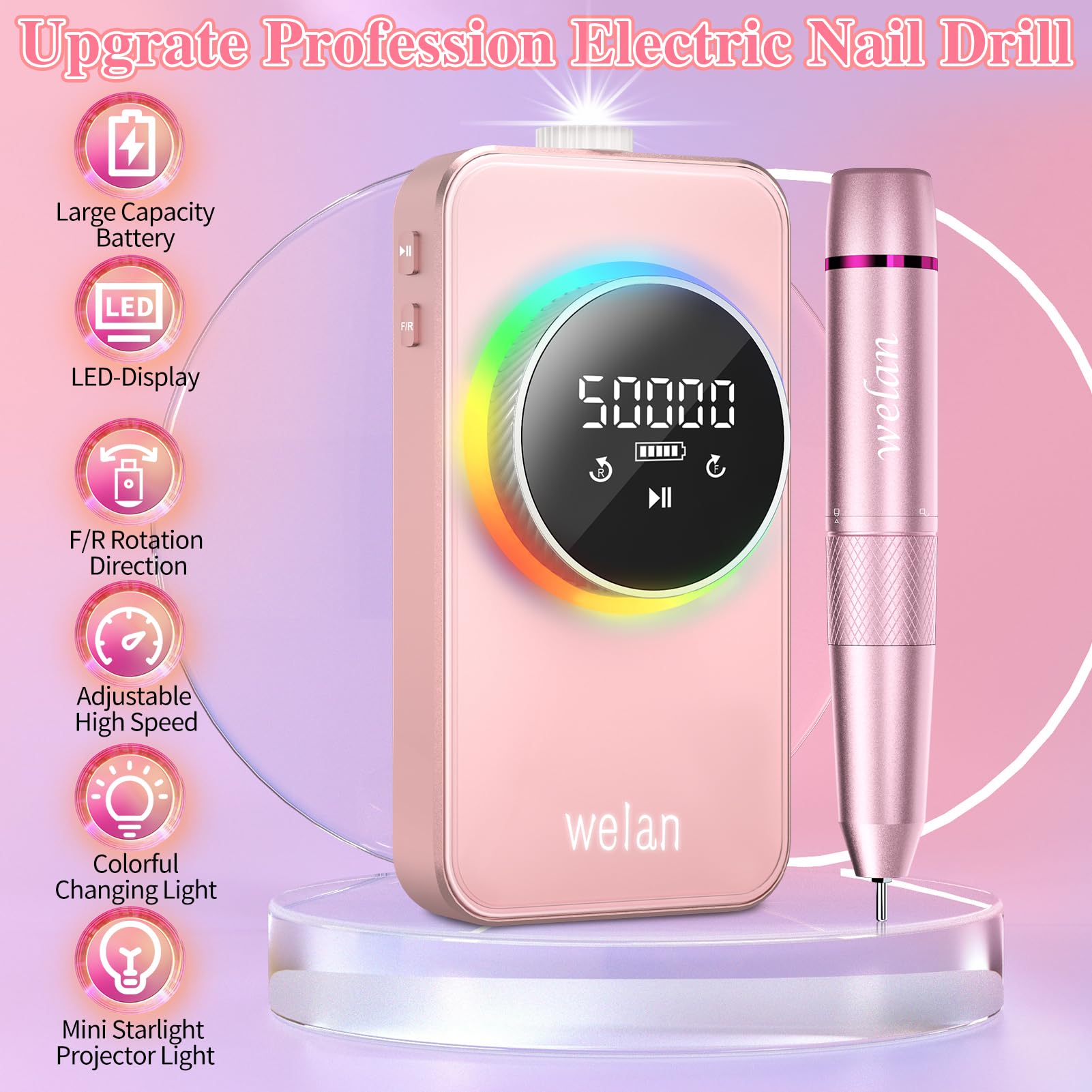 Welan Electric Nail Drill Professional 50000RPM, Electric Nail File Rechargeable Nail Drill Kit 6000mAh Portable Nail Drill for Acrylic Gel Nail, Manicure Pedicure Polishing Nail for Salon Home