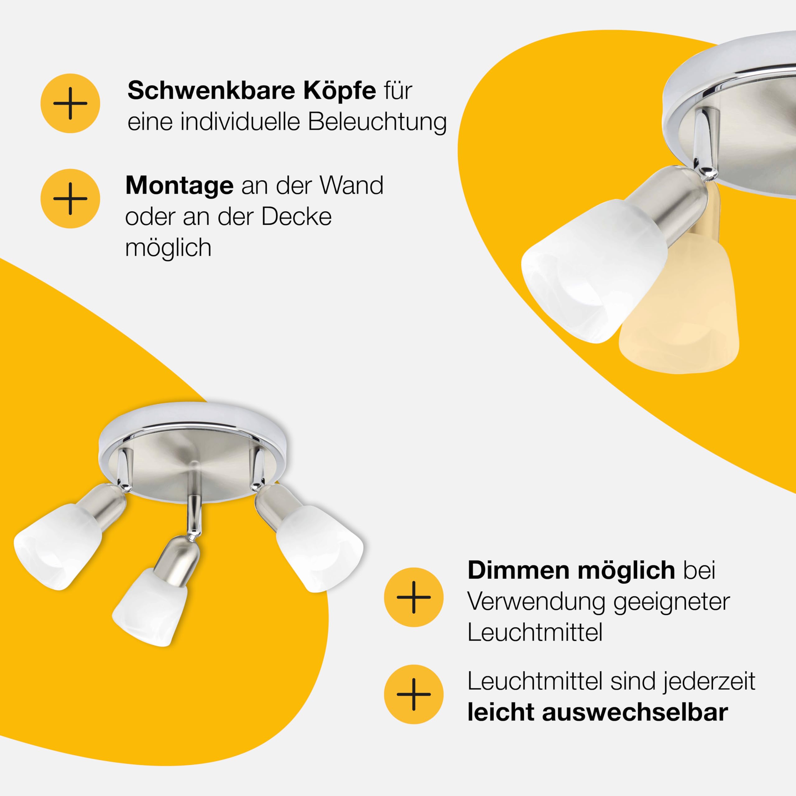BRILLIANT lamp Bethany LED spot rondelle 3flg ijzer/chroom/wit-albast | 3x LED-D45, E14, inclusief 4W LED-droplamp, (450lm, 2700K) | Schaal A tot E | Energiezuinig en duurzaam dankzij het