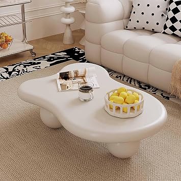 White Modern Cloud Shape Coffee Table J47.24in | Low Cartoon Irregular, Indoor Accent Tea Table, High Temperature Baked Paint, 3 Round Ball Leg, for Living Room Home Office