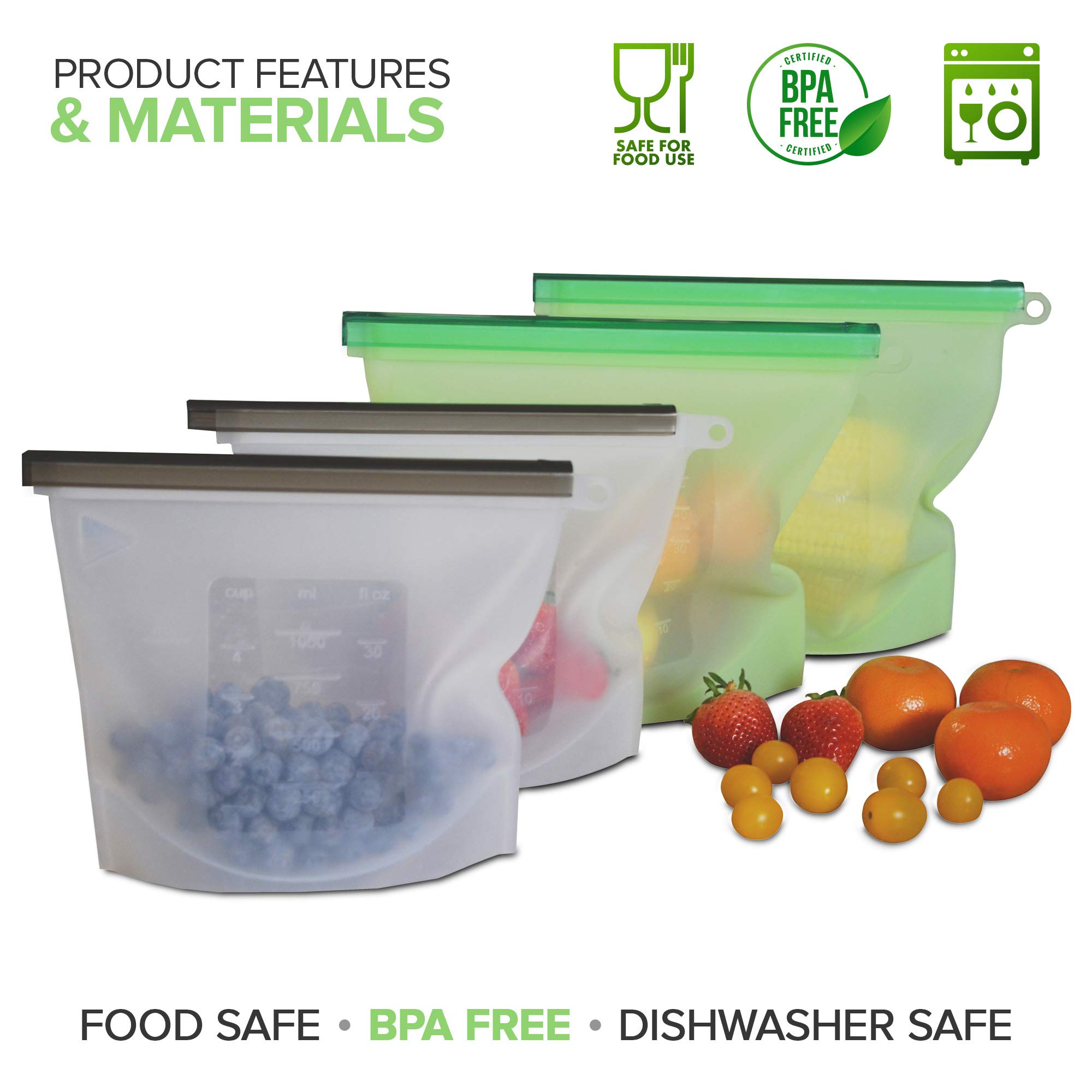 Reusable Food Storage Bags 4-Pack Reusable Silicone Food Bags