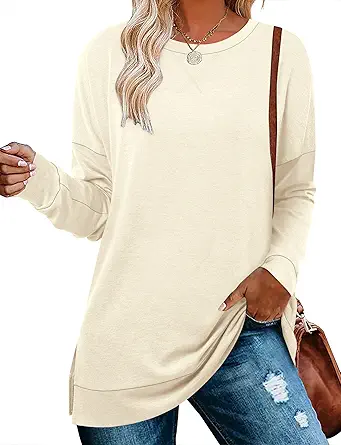 BETTE BOUTIK Women's Drop Long Sleeve Sweatshirts Casual Crewneck Tunic Tops Sweartshirts With Side Slits S-3XL