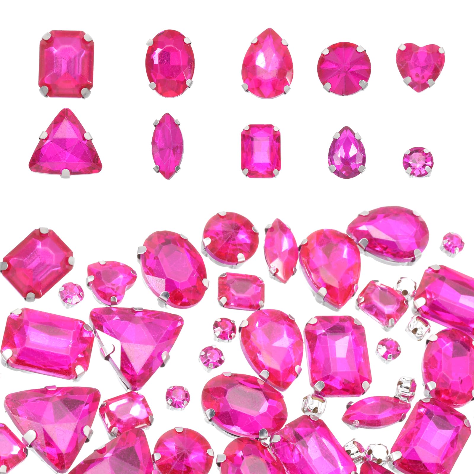 QUARKZMAN 100Pcs Cristalli Da Cucire, 7-18mm Forme Miste Cristalli In Vetro Con Base Piatta E Montatura Ad Artigli In Argento Per Abbigliamento Scarpe Accessori, Rosso Rosa (Stile 1)