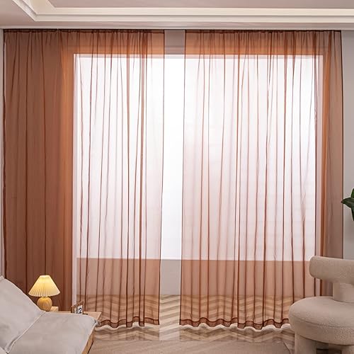 Semi Window Brown Sheer Curtains 72 Inches Long 2 Panels Sheer Brown Curtains Clear Curtains Basic Rod Pocket Panel for Bedroom Children Living Room Kitchen Yard Total 11 Colors 13 Sizes