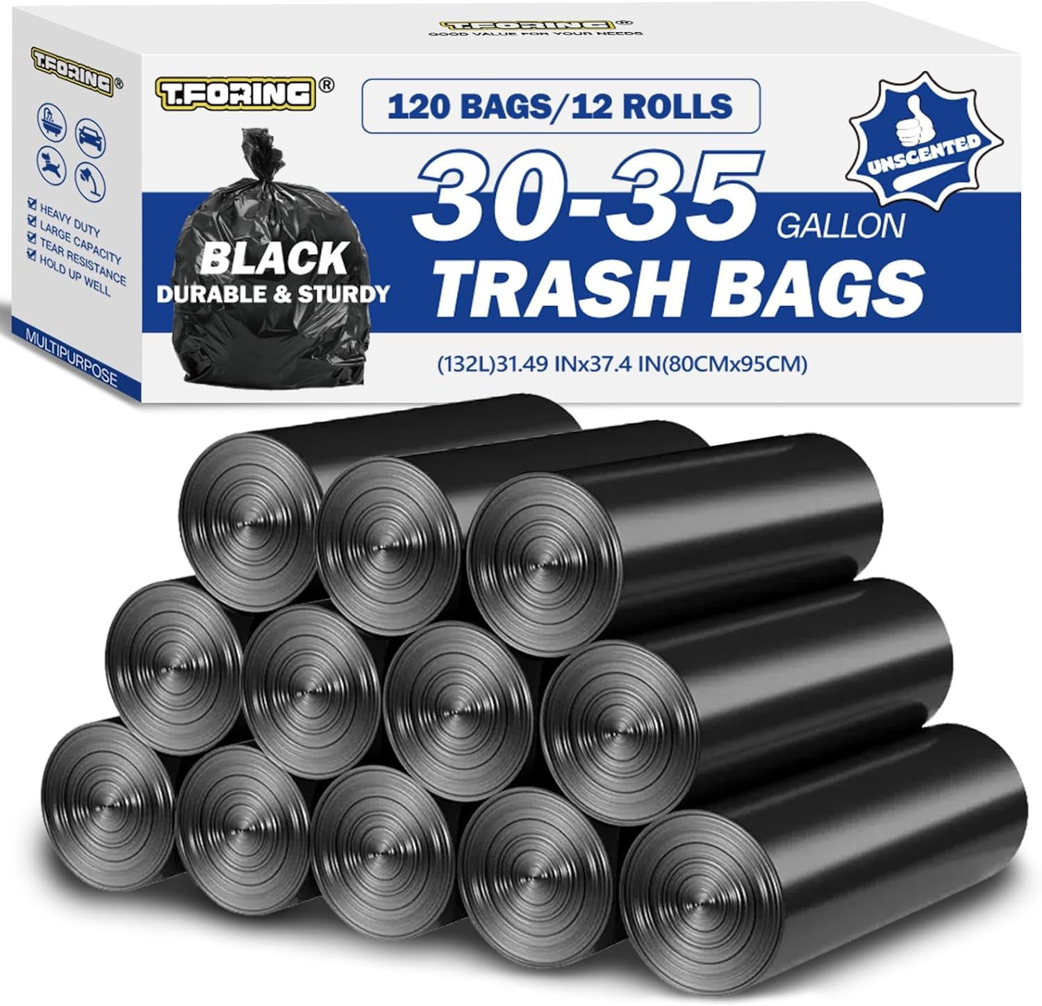 30-35 Gallon Black Trash Bags 120 Count – 32″ x 37″ Large Garbage Bags, 30+ Gallon Strong Trash Can Liners for Home, Commercial Use,Yard Waste, Bulk