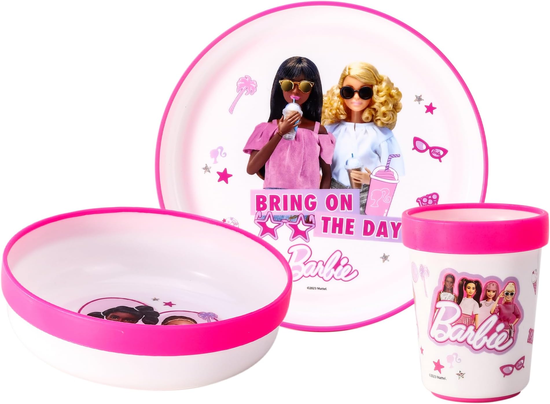 3pcs Reusable Bicolor Premium Kids Dinner Tableware Set Plate, Bowl & Tumbler, BPA Free (Barbie)