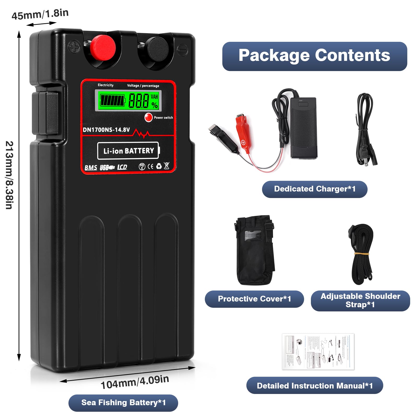 xiutantxmd 9600mAh 14.8V Electric Fishing Reel Battery with Charger,LCD Display,Saltwater-Resistant