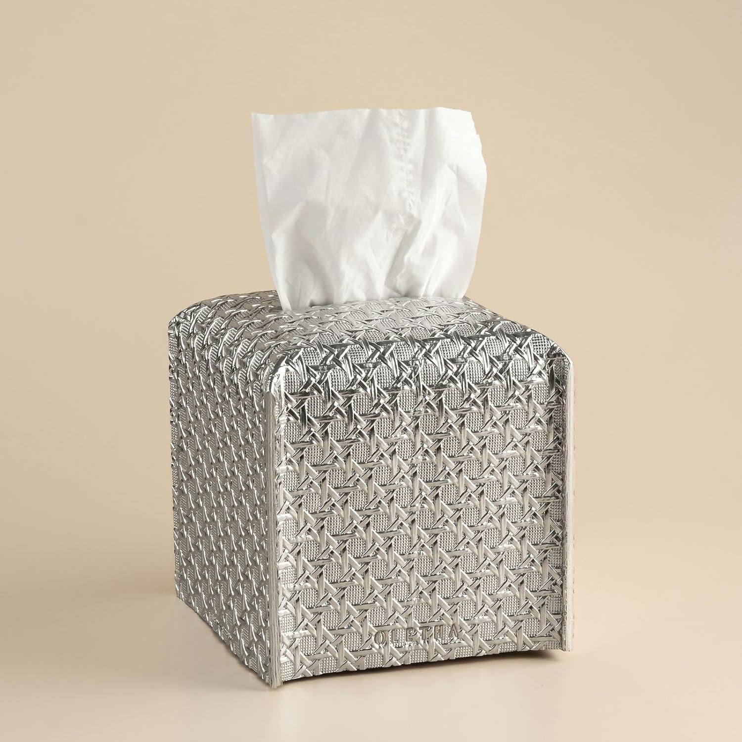 OLETHA Square Tissue Box Cover - Aesthetic Desk Decor for Room, Home & Office - Tissues Cube Boxes Holder - Lattice Textured, Silver Lattice Textured, Silver 1