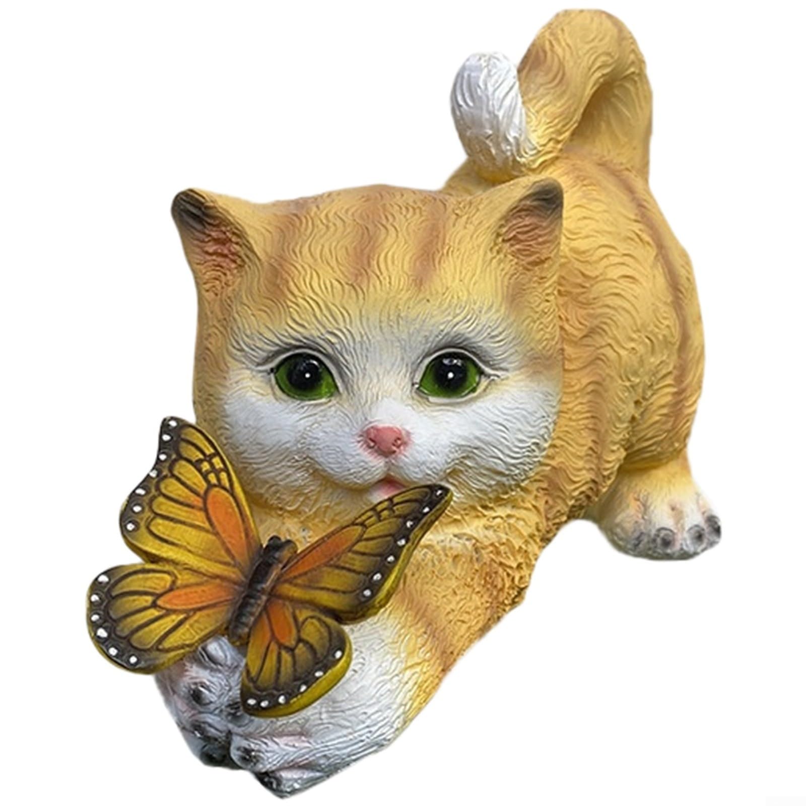 Fauhapyway Statua a forma di gatto in resina a energia solare, con farfalla, si accende automaticamente, decorazione per esterni, per patio, cortile, giallo, grigio (gattino giallo)