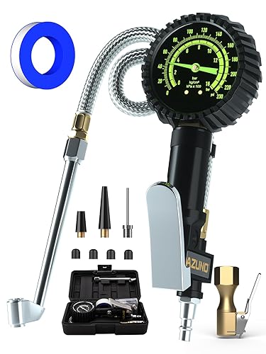 Miniatura 9 de Medidor de presión de neumáticos con manguera trenzada de acero, calibre de inflador de neumáticos de 100 PSI, accesorios para compresor de aire