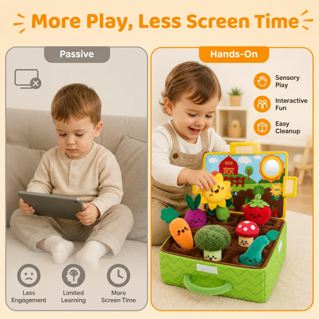 Fattoria Verdura Bambini, Giochi Montessori 1 Anno, Verdura Fattoria per Bambini con Peluche, Libro Sensoriale Neonati, Set Educativo Sensoriale con Sonagli, per La Prima Scoperta del Bebè