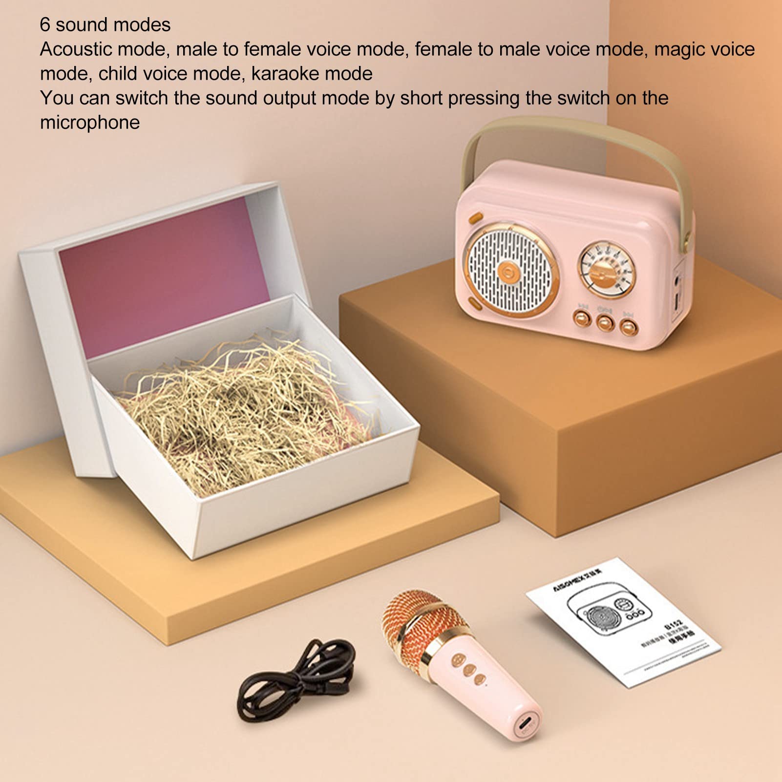 Mini Macchina per Karaoke con Set di Microfoni Wireless, Altoparlante Bluetooth retrò Portatile Rosa, Supporto AUX, Scheda TF, per Feste per Bambini e Adulti
