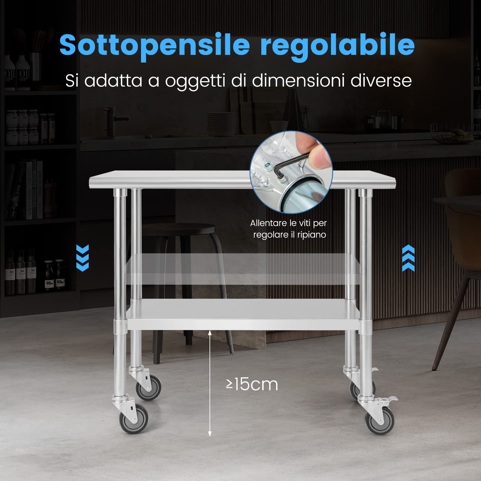 COSTWAY Tavolo da Lavoro in Acciaio Inox, Tavolo di Preparazione Alimentare/Porta Attrezzi con Ruote e Ripiano Inferiore Regolabile, per Cucina, Ristorante, Officina e Garage, 91,5 x 61 x 89,5 cm