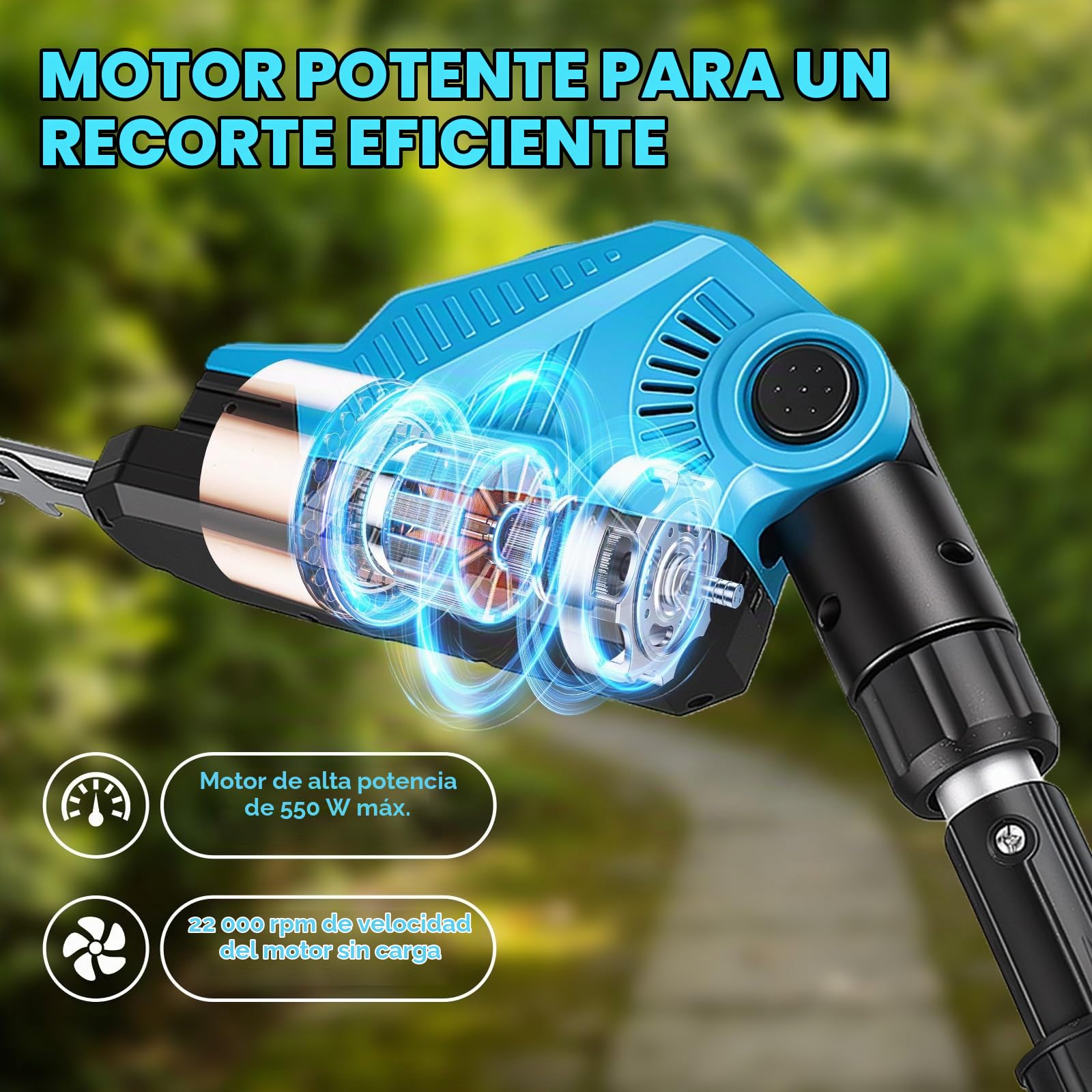 Cortasetos telescópico con batería de 2 x 2,0 Ah y cargador rápido, 550 W, 22000 rpm, hoja doble de 16 pulgadas, cabezal ajustable de 90°, 2,80 metros/9 pies de mango largo para el cuidado de arbustos