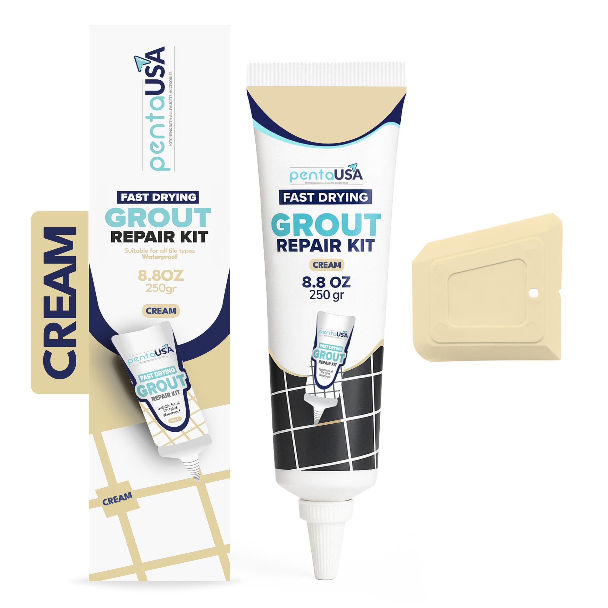 Tile Grout Repair Kit - Premixed Ready to Use for Kitchen Tile, Shower & Bathroom Grout, Cream/Ivory (250g - 8,8oz - 0.55 lb)