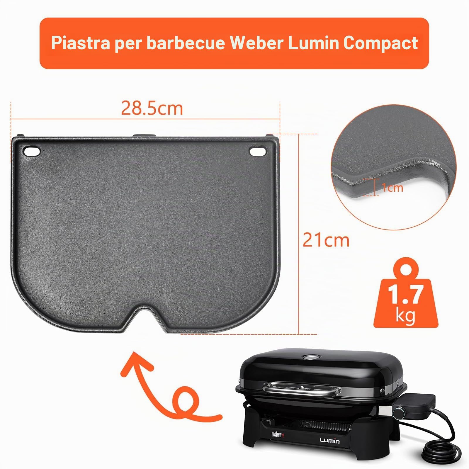 Denmay 28,5 x 21 cm, piastra in ghisa per barbecue Weber Lumin Compact, padella di ricambio per barbecue Weber Lumin Compact, 1 confezione