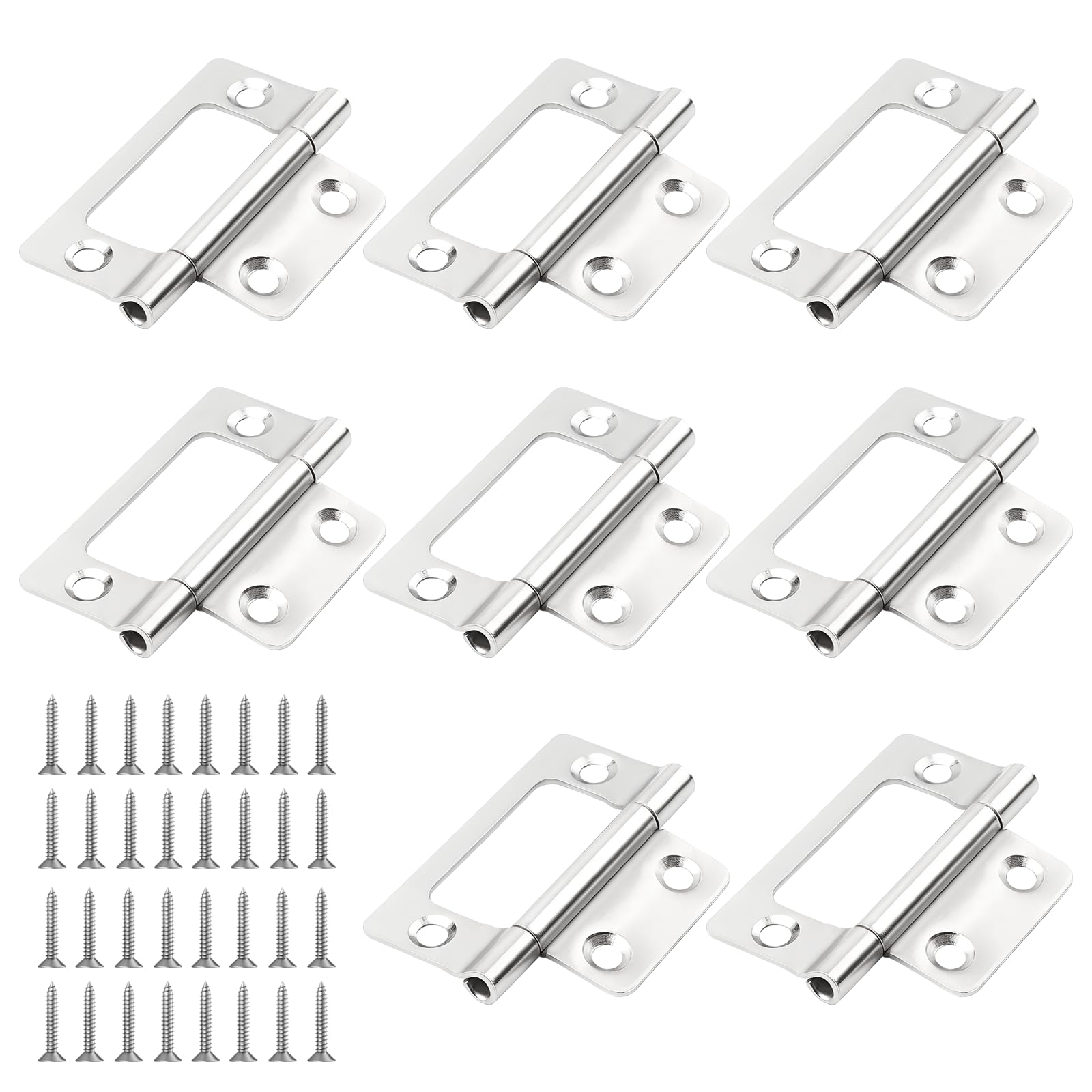 8 Pack Flush Hinges, Bifold Door Hinge 2 Inch Silent Flush Hinges No Mortise Ball Bearing Hinge with 32 Screws for Door, Windows, Closet, Drawer (Silver)