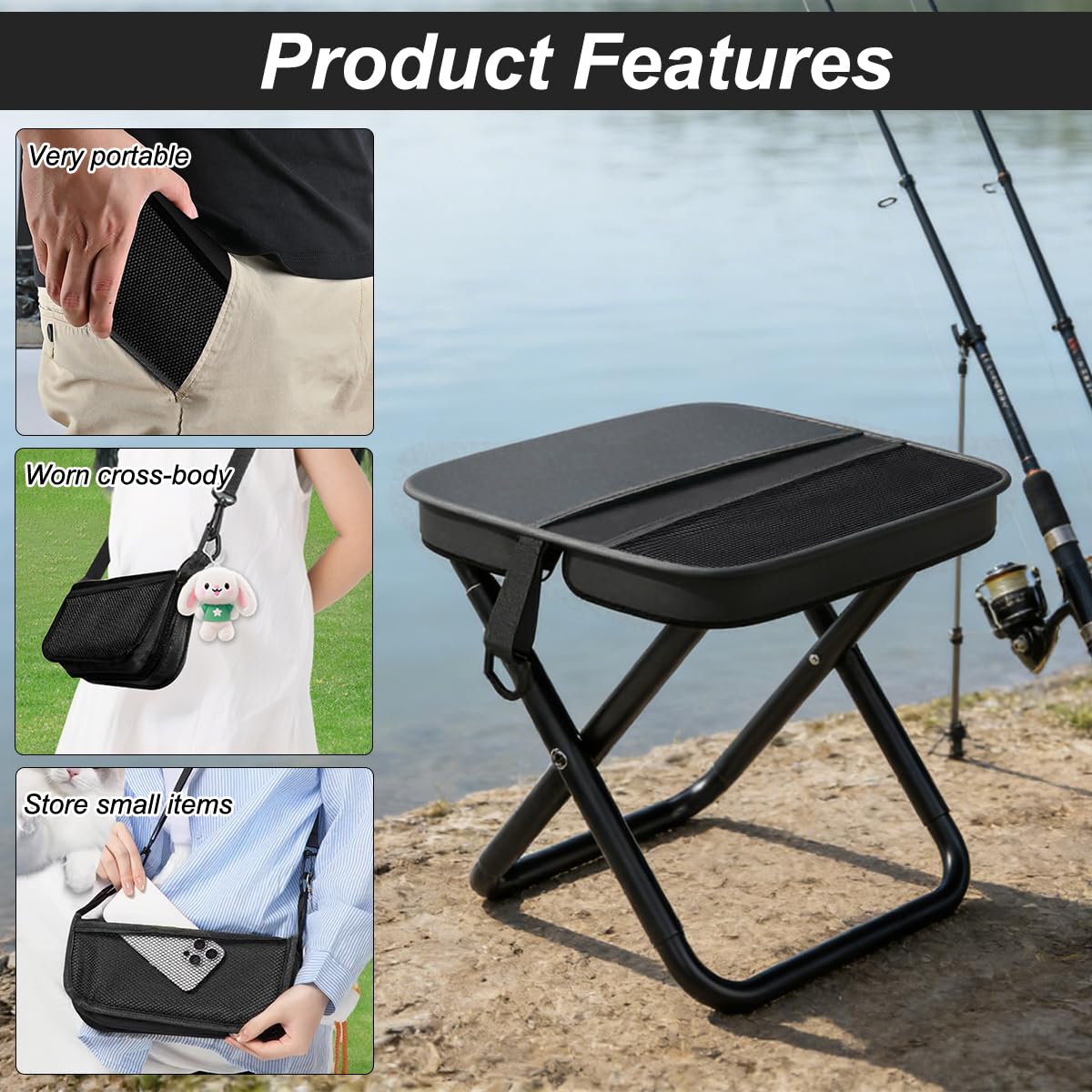 Sgabello Pieghevole Portatile, Sedia Pieghevole Campeggio con Cinghia e Borsa, Sgabello Pieghevole Portatile, Leggero Sgabello da Pesca per Campeggio, Viaggi, Escursionismo e Attività All'aperto