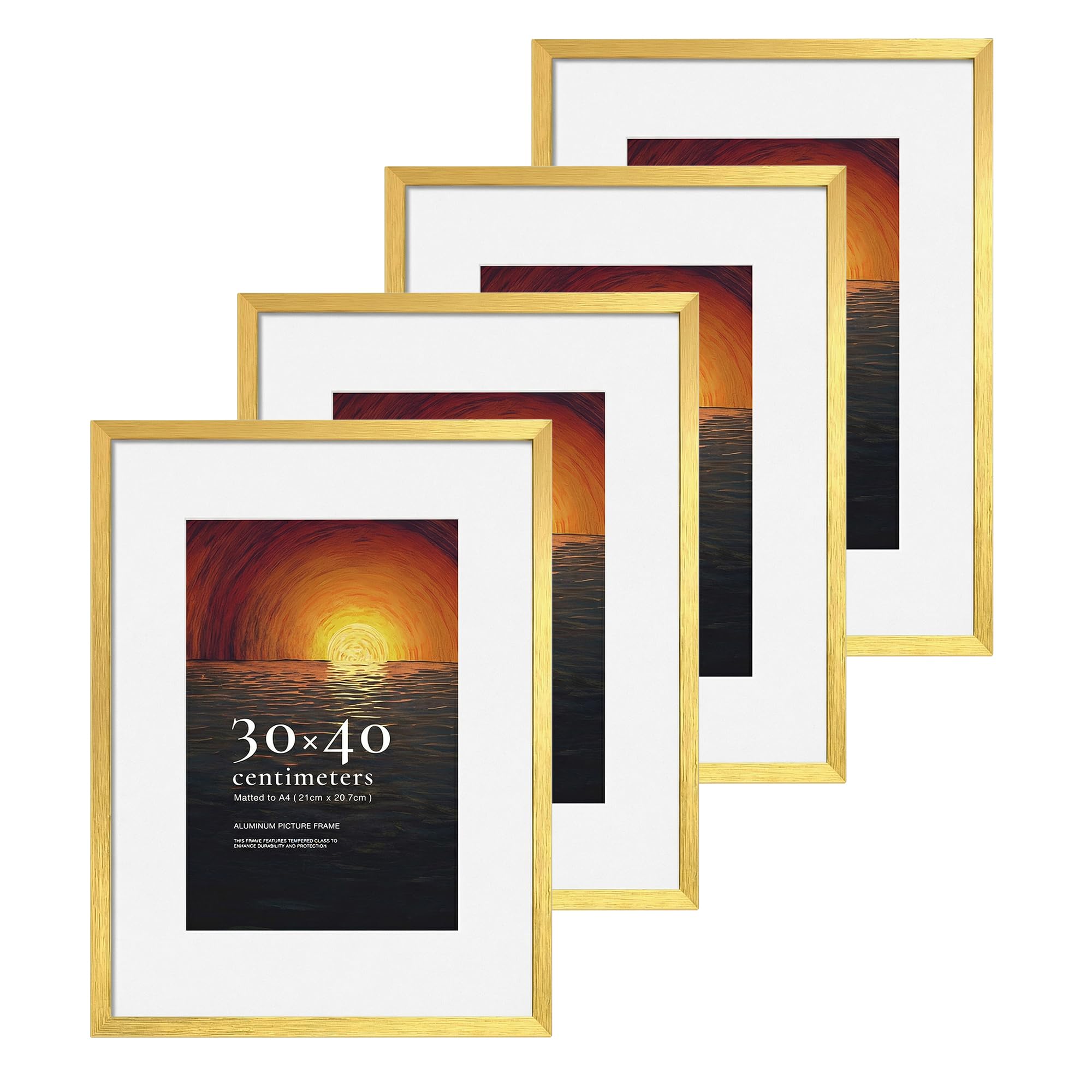 LIVINGTASTE 30x40 Picture Frames Brushed Gold Aluminium, 4 Pack 12x16 inch Photo Frames with Tempered Glass, for Posters, Artwork, Wall Display Only