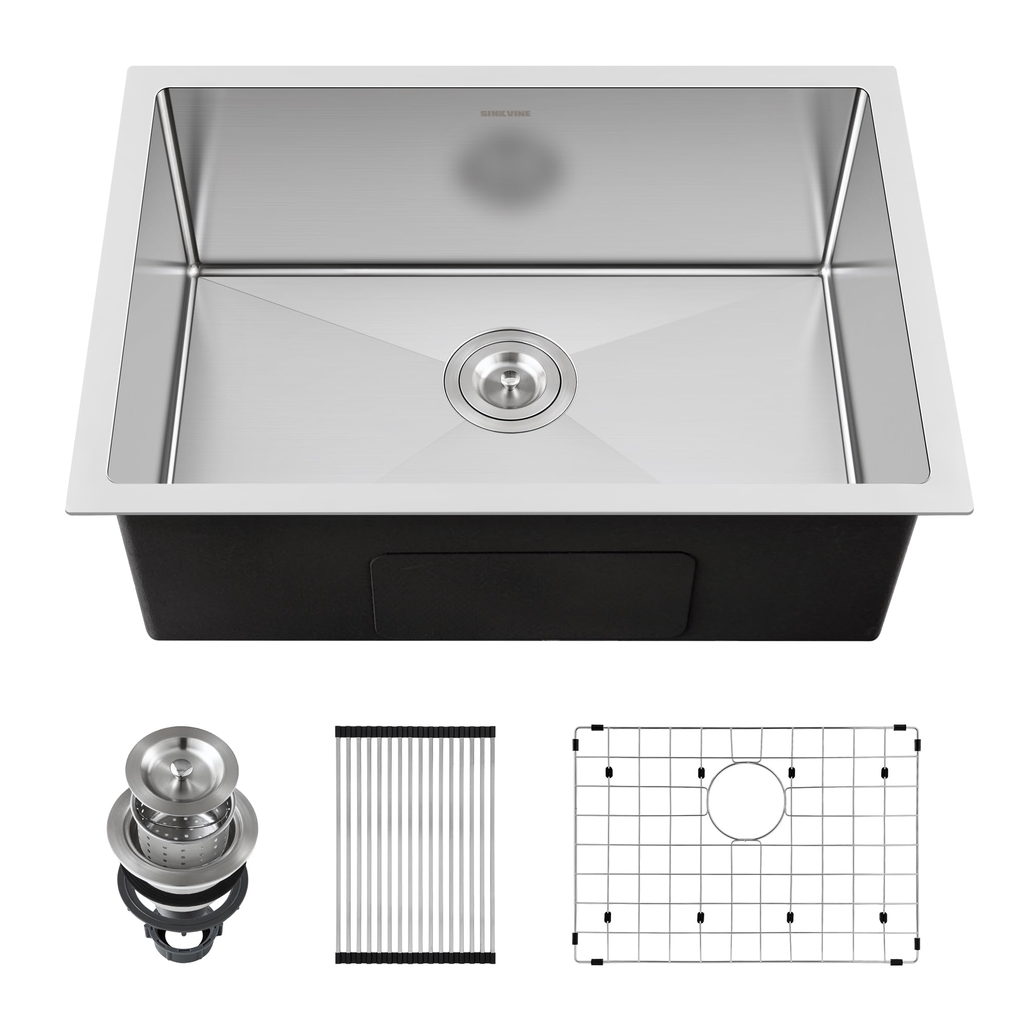 25-inch Undermount Kitchen Sink, SINKVINE Stainless Steel Single Bowl Indoor and Outdoor Sink, Tight Radius Laundry Sink with 3.5" Drain Strainer, Bottom Grid Protector, Roll-up Drying Unit, 25 x 18