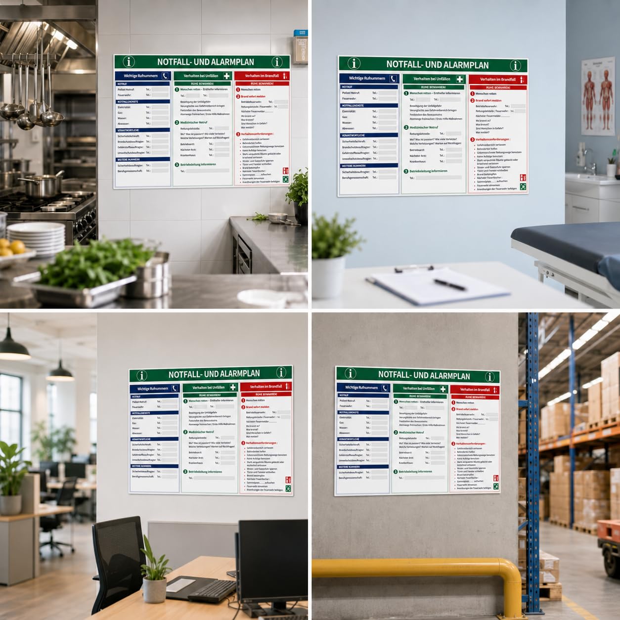 Señal de emergencia y alarma 600 x 400 mm | Cartel de seguridad con números de emergencia para escribir | Comportamiento en accidentes y casos de incendio | PVC duro para oficina, taller, escuela
