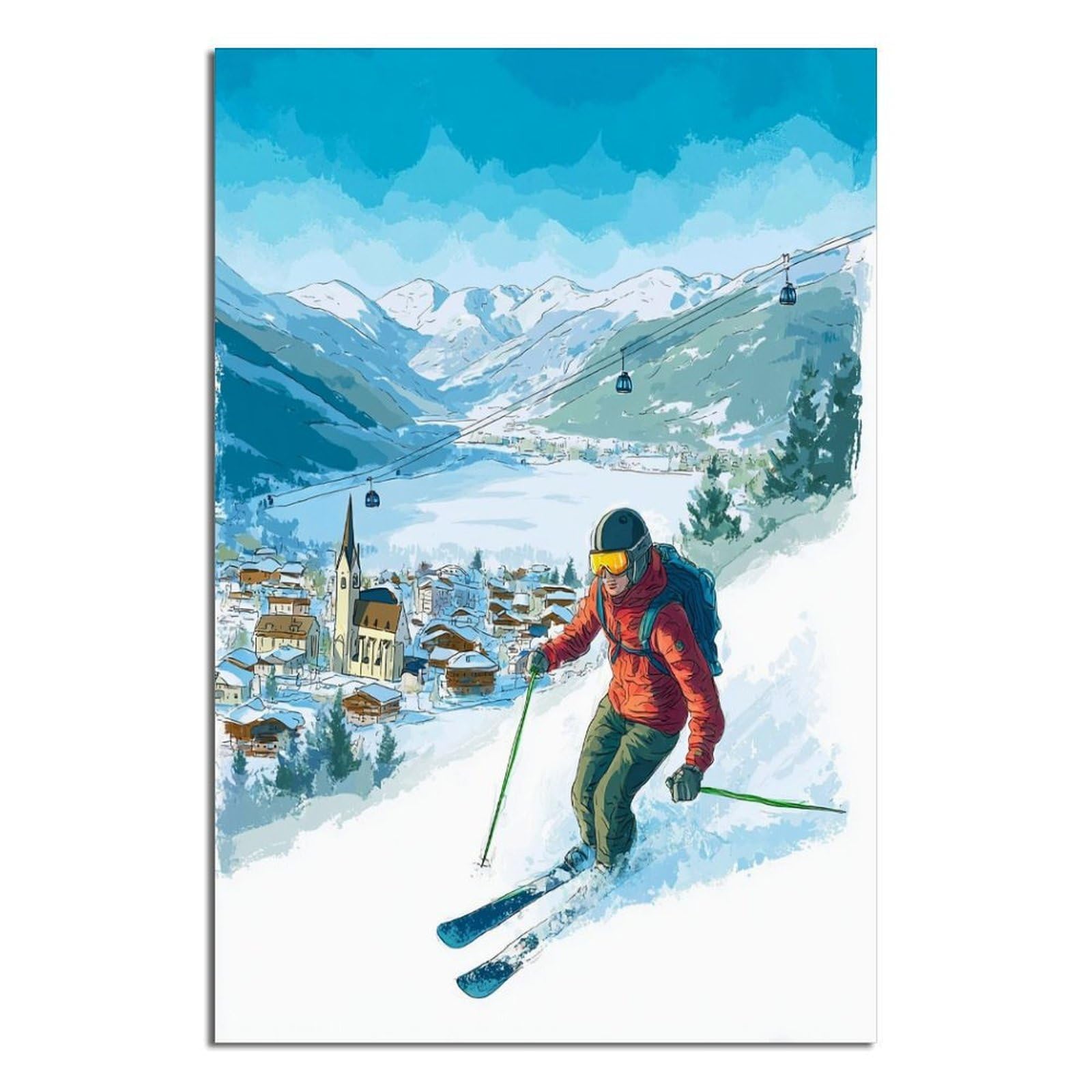 iPuzou Zell Am See Austria Ski Posters 24x36inch(60x90cm) Vintage Watercolor Canvas Art