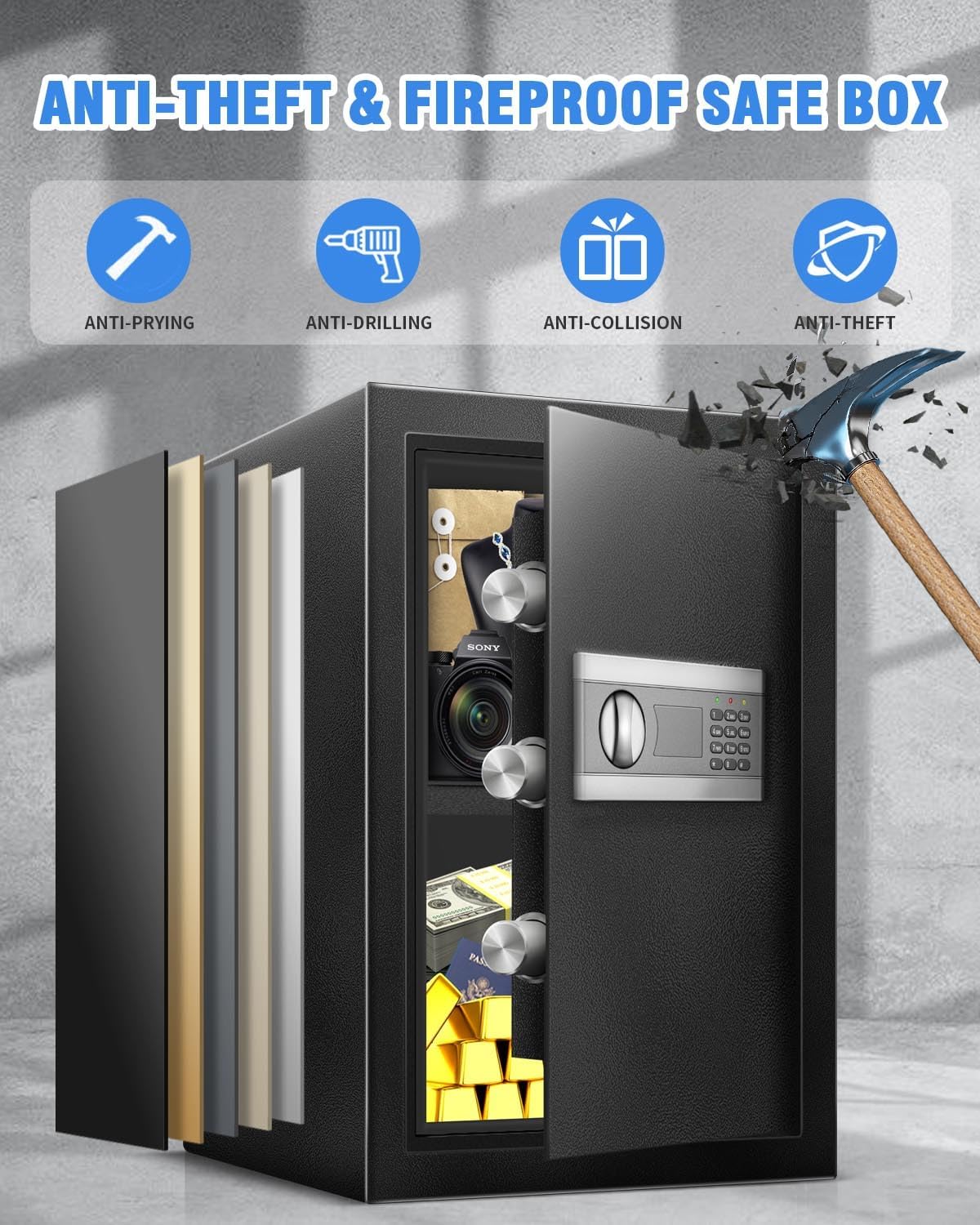 2.5 Cu Ft Digital Home Safe with Alarm, LED Light  Silent Keypad – Large Security Box with Adjustable Shelf for Documents  Valuables, Cash  Jewelry
