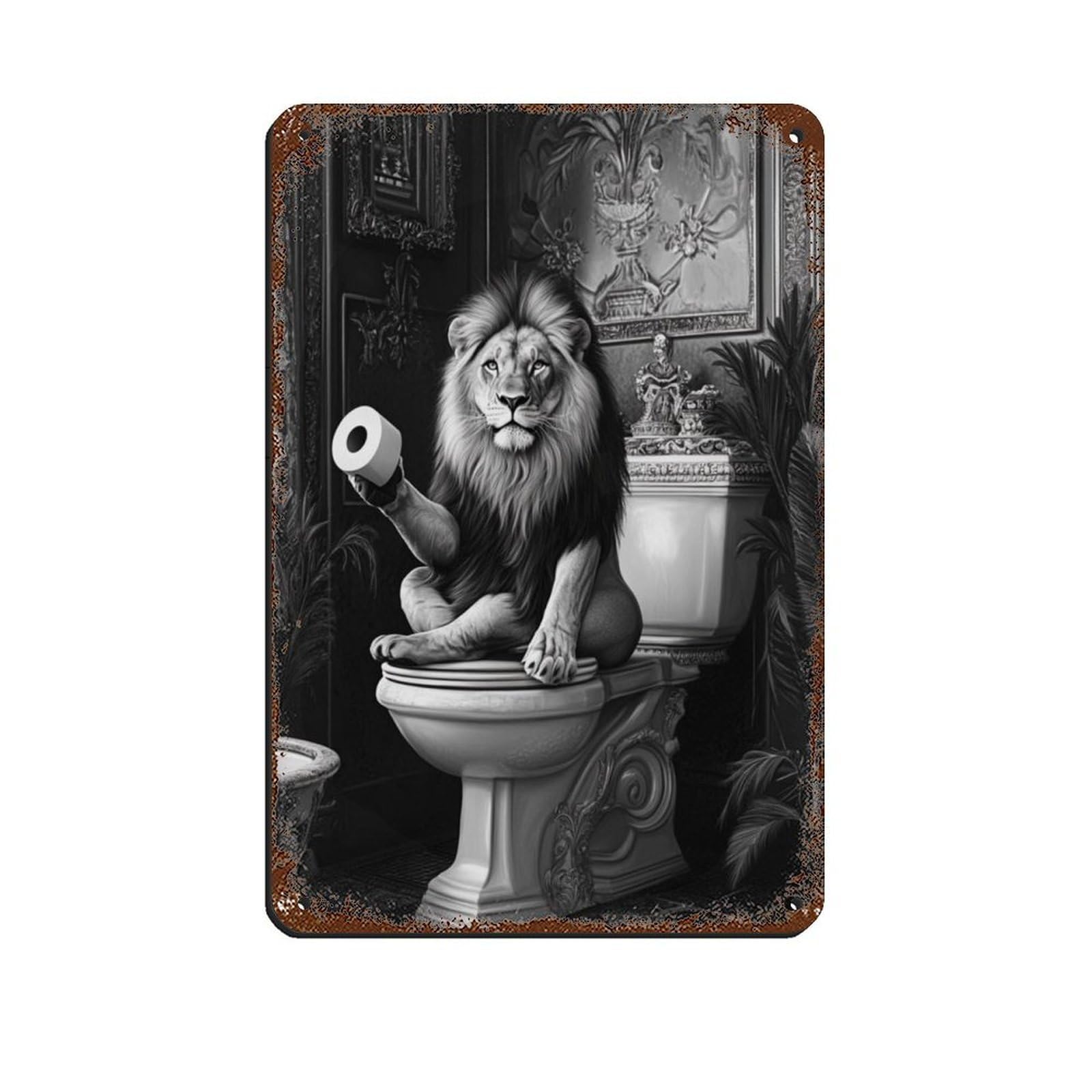 Lion on Toilet Humorous Tin Sign Vintage Metal Pub Club Cafe Bar Home Wall Art Decoration Poster Retro 8x12inch(20x30cm)