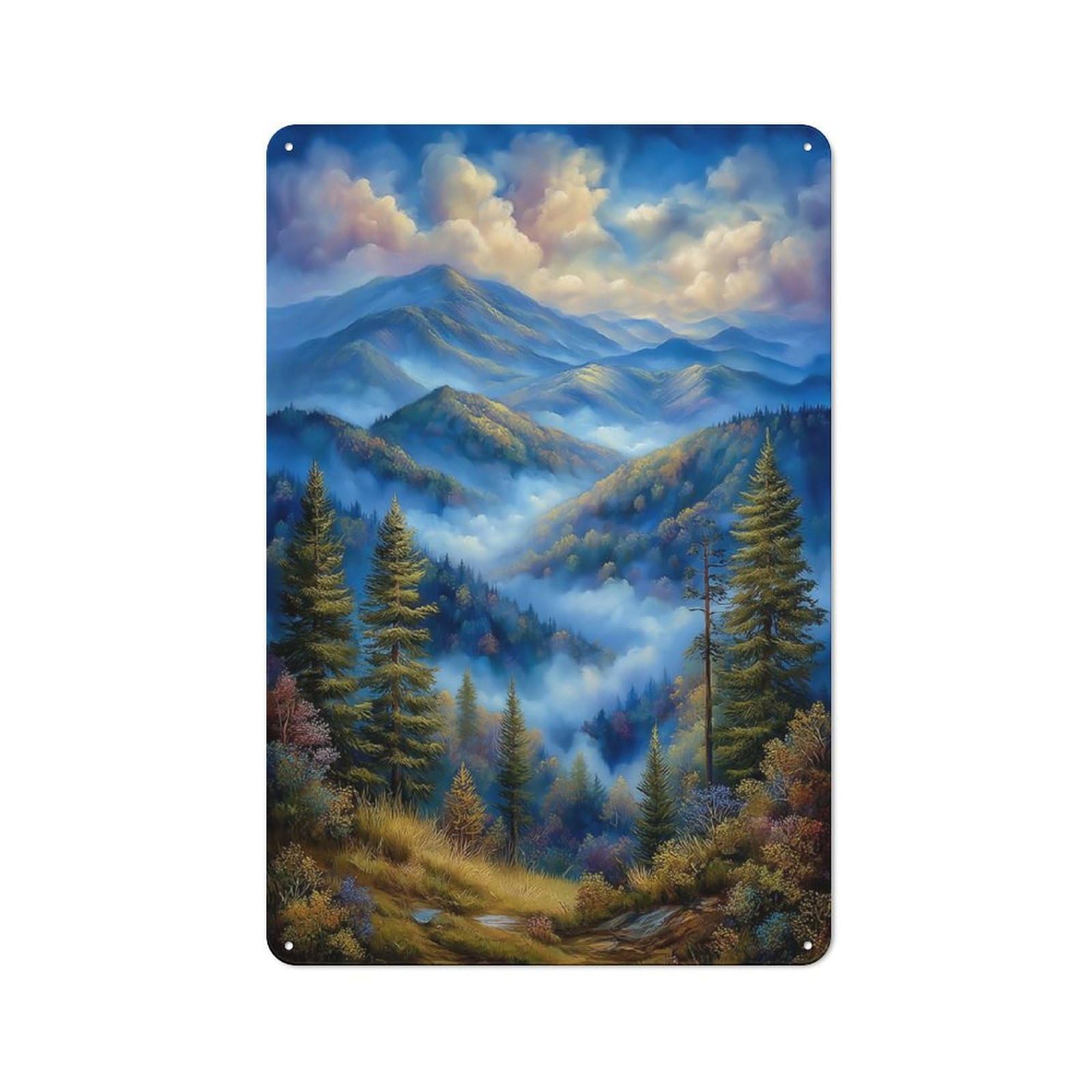 Junmoney Style-16 30X20cm Retro Metal Sign With Misty Mountain Landscape Painting For Living Room Or Hallway, For Living Room Decor Lovers Refreshing A Room In Autumn
