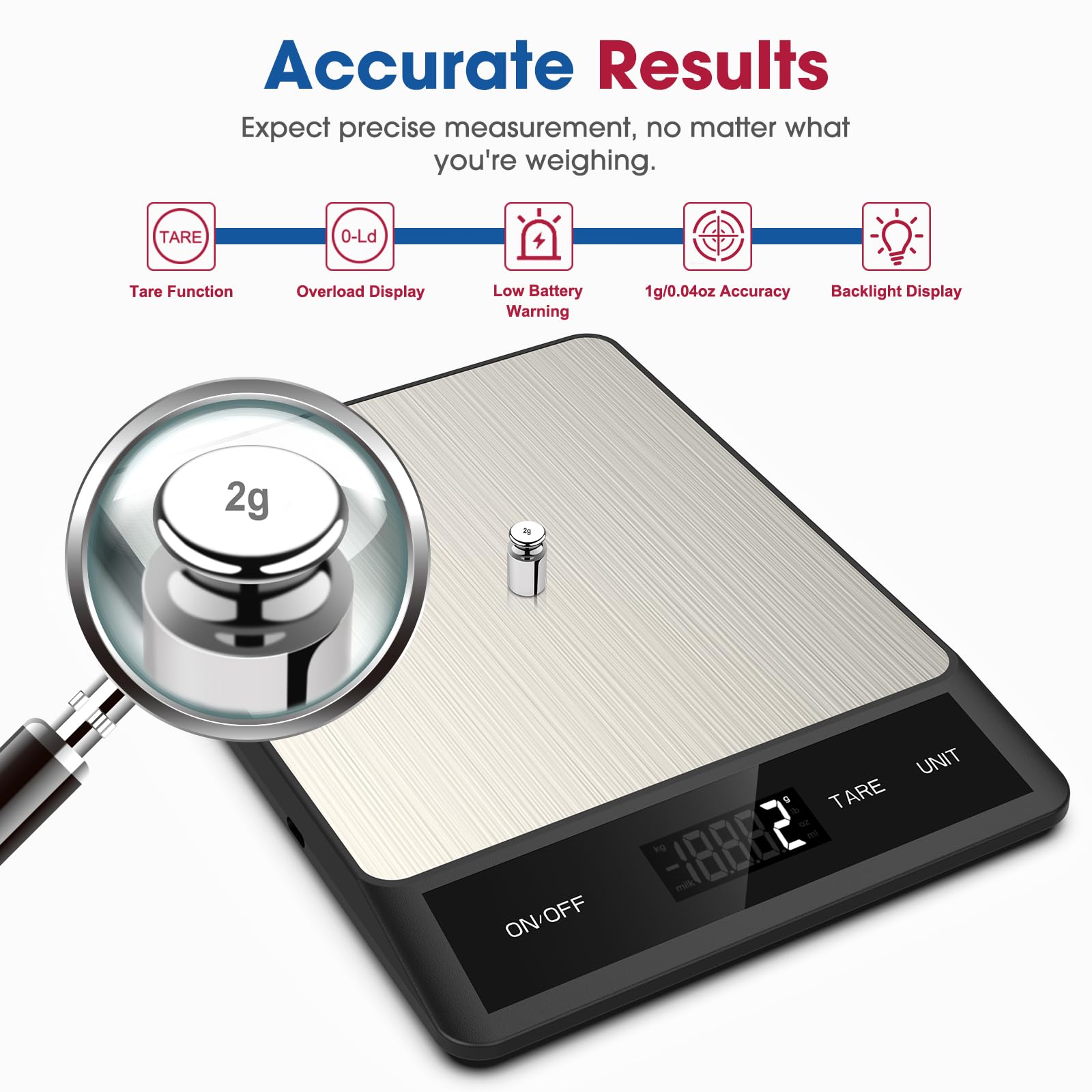 Mik-Nana Bilancia digitale da cucina con 6 unità funzione tara e display LCD, 5 kg in acciaio inox, peso grammi e once per cottura, cottura e preparazione dei pasti (batterie incluse)